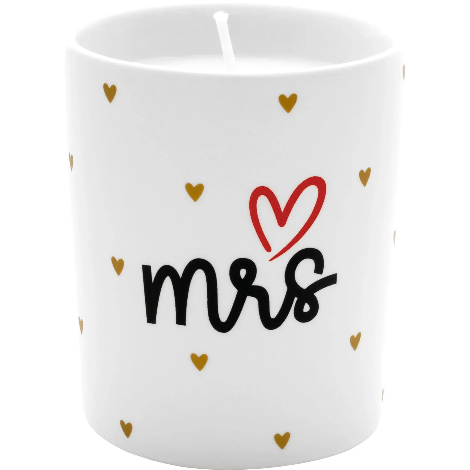 Weiße Kerze mit Schriftzug 'Mr & Mrs' und goldenen Herzen