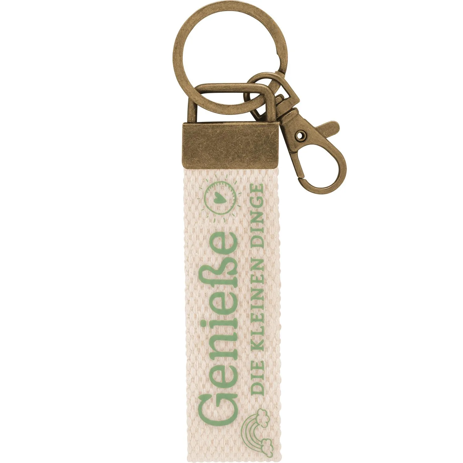 Naturfarbiger Canvas-Schlüsselanhänger mit grünem Schriftzug Genieße die kleinen Dinge und Messingbeschlägen.