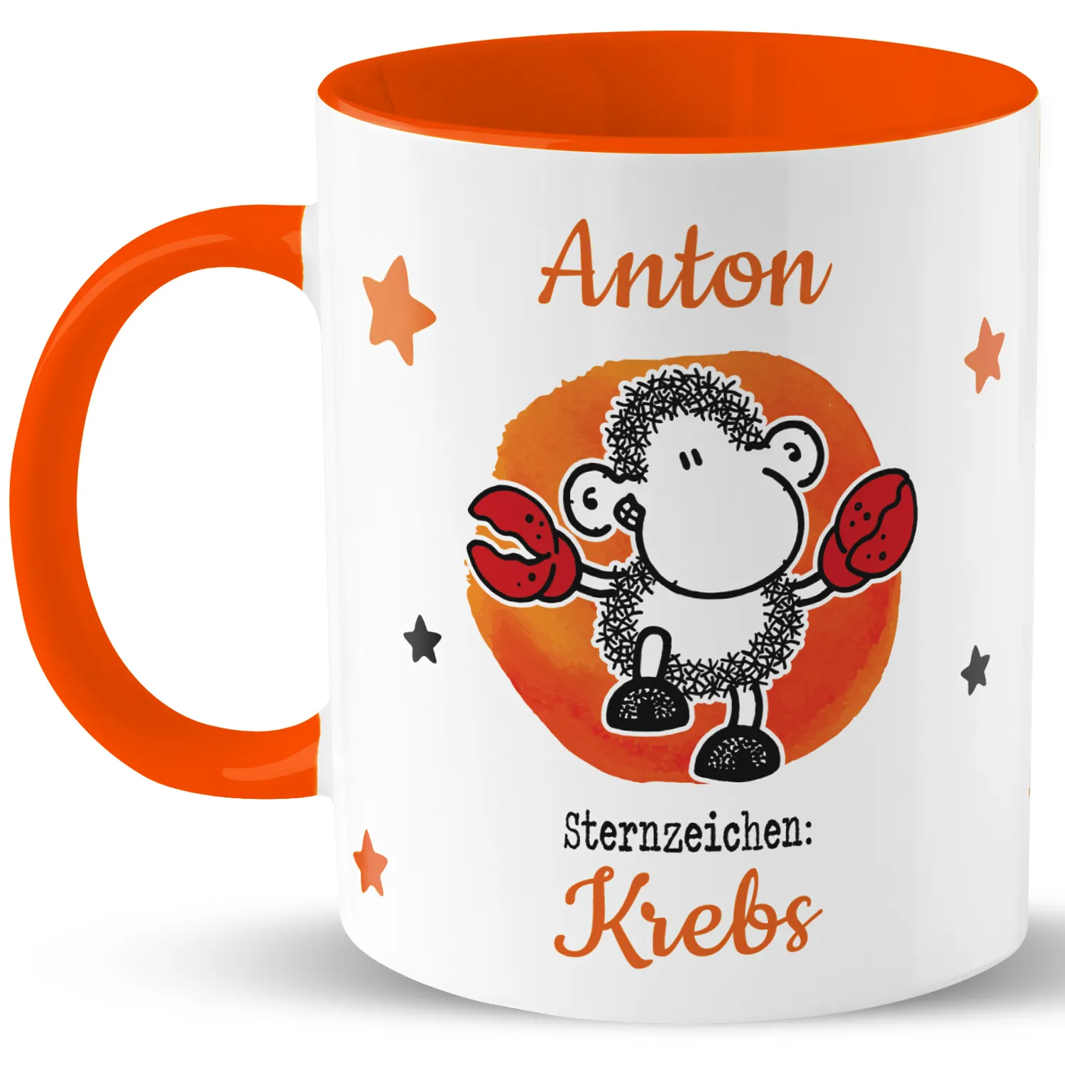 Personalisierte Keramiktasse mit Namen Anton, Sternzeichen Krebs, orangefarbener Griff und Schaf-Motiv