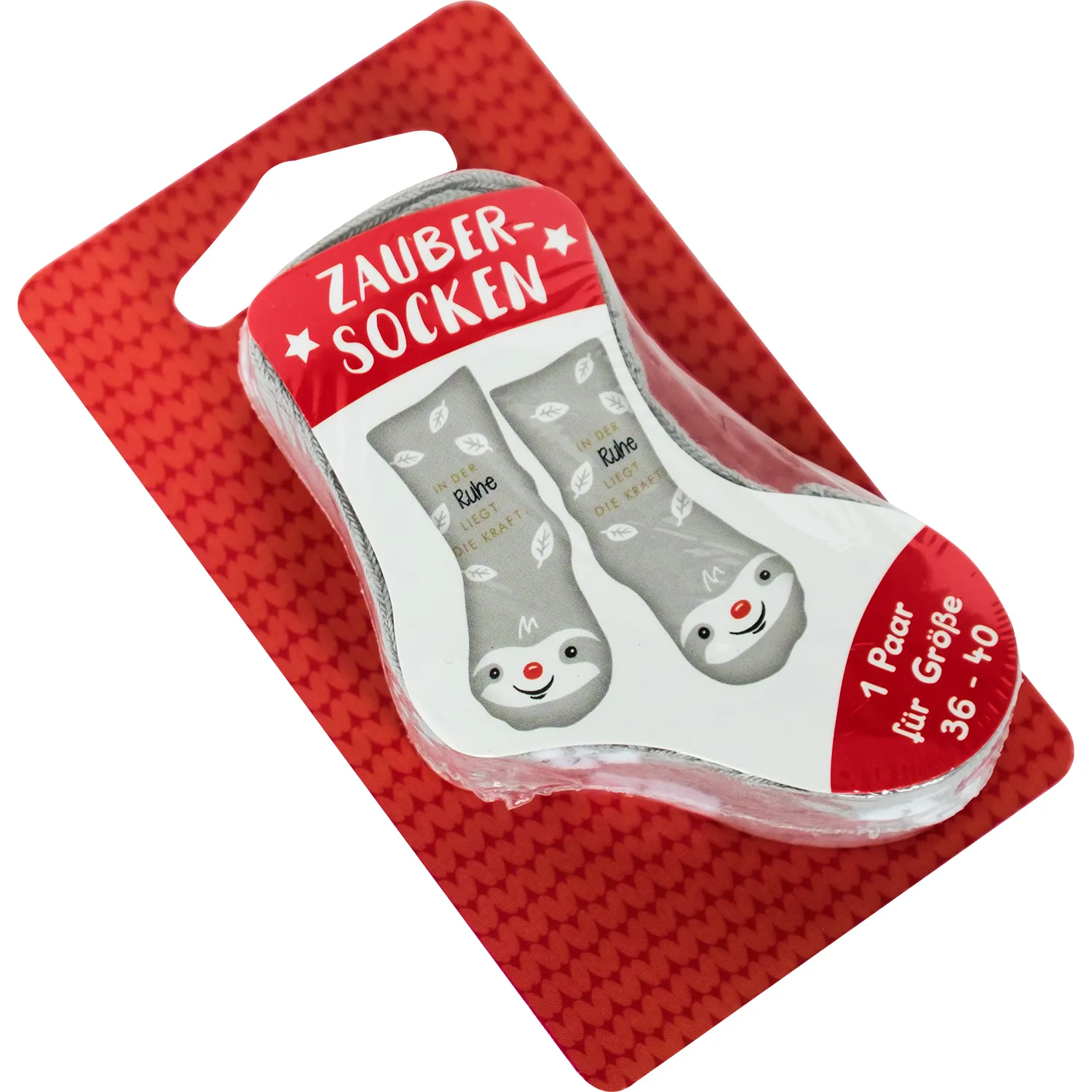 Zaubersocken in Grau mit Gesichtern, verpackt in roter Verpackung.
