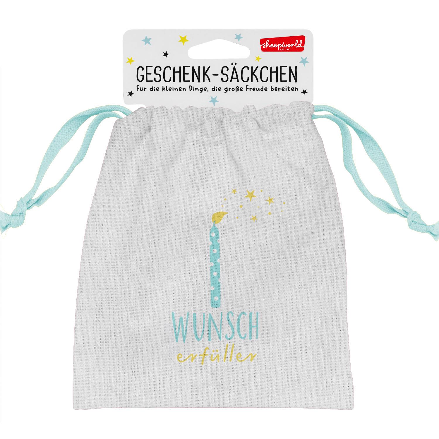 Graues Canvas-Säckchen mit türkisem Kerzen-Motiv und Mint-Zugband.