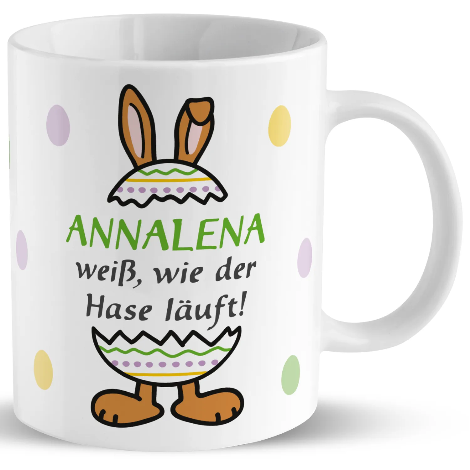 Weiße Porzellan-Tasse mit Osterhase-Motiv und personalisiertem Namen Annalena