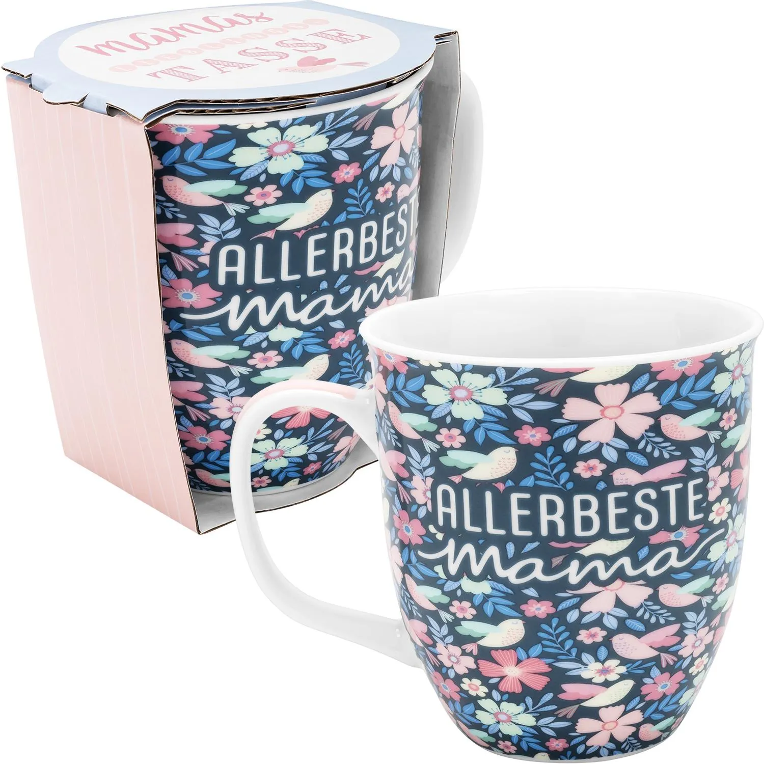 Porzellan-Tasse Allerbeste Mama mit buntem Blumenmuster auf dunklem Hintergrund.