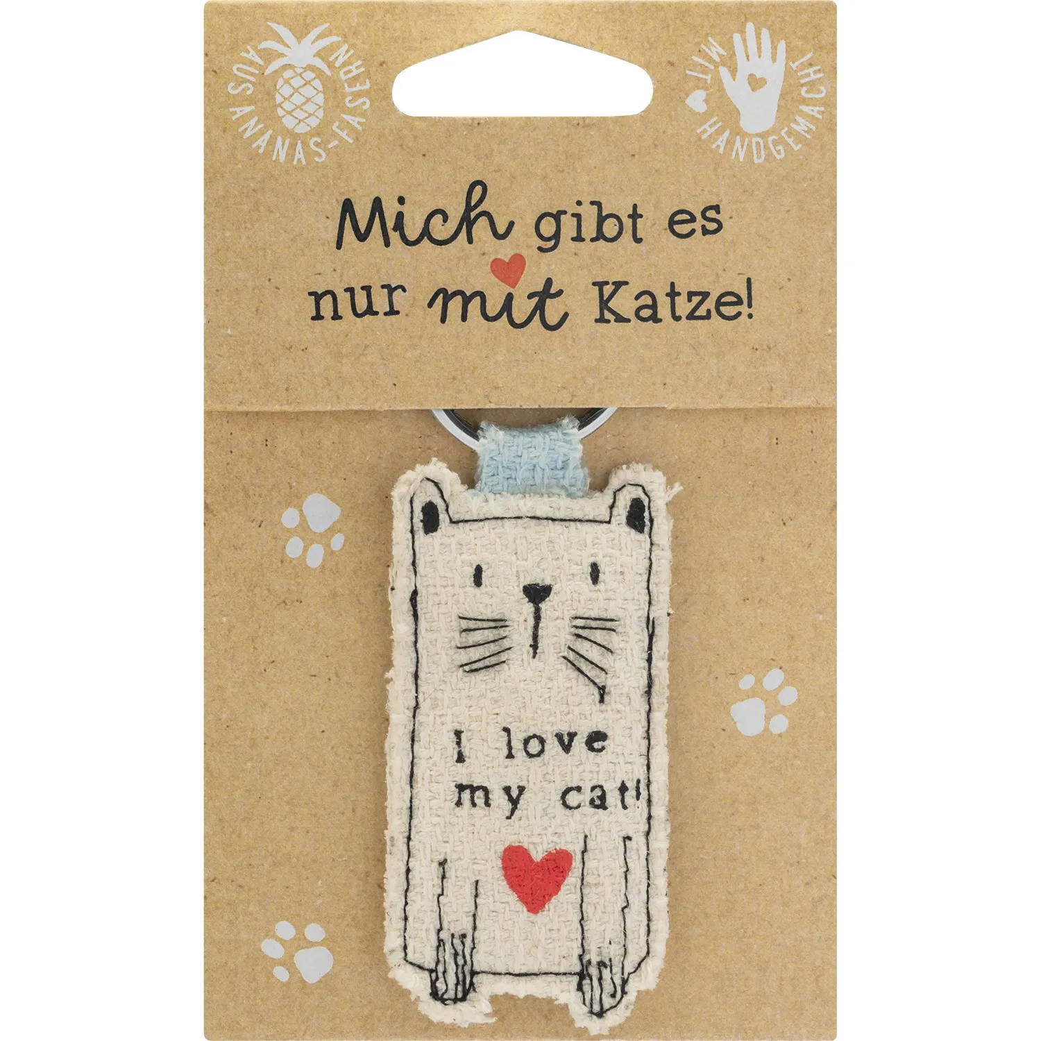 Katzen-Schüsselanhänger aus Textil in Beige mit Herz und 'I love my cat'