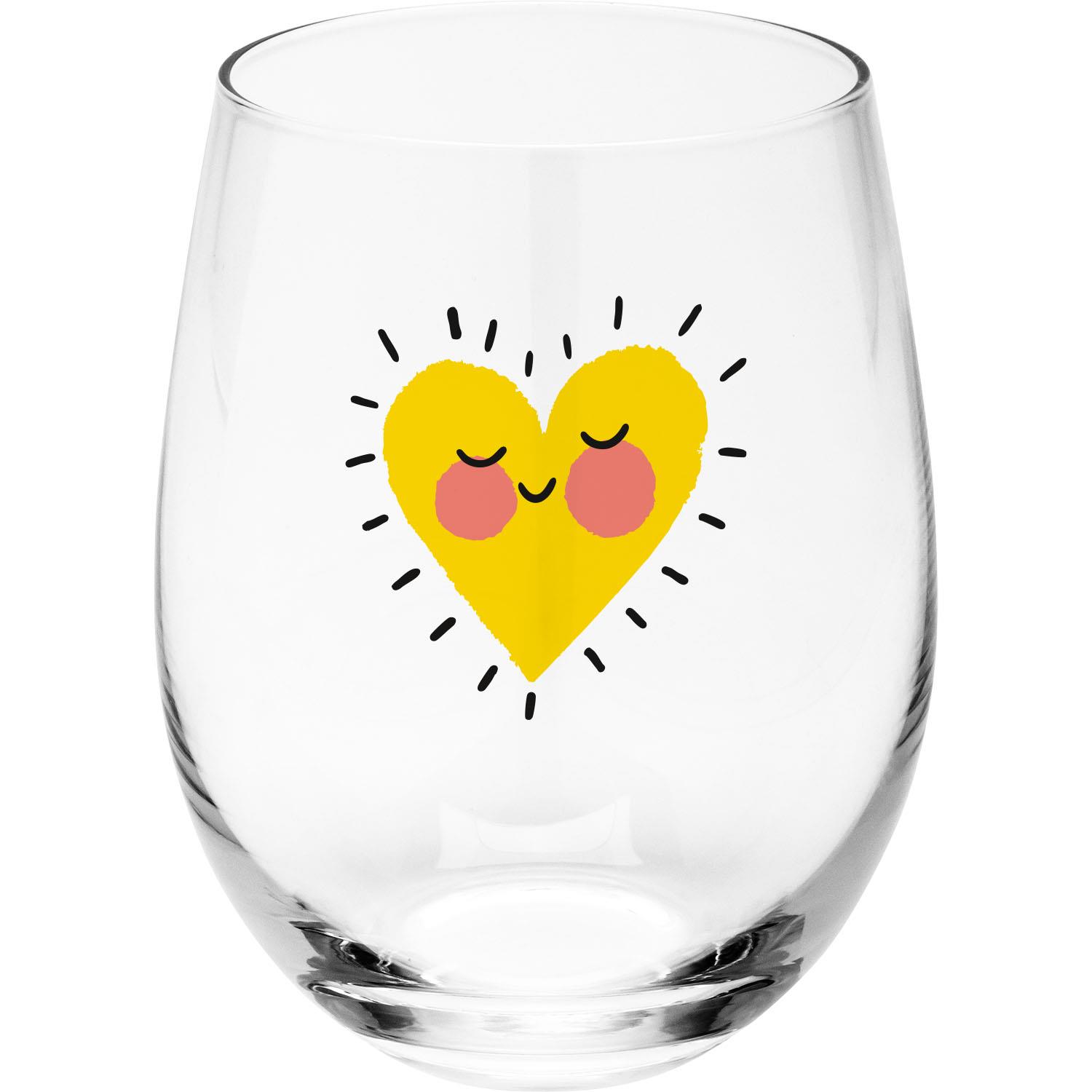 Trinkglas mit gelbem Herz-Motiv und rosa Wangen; Geschenkbanderole