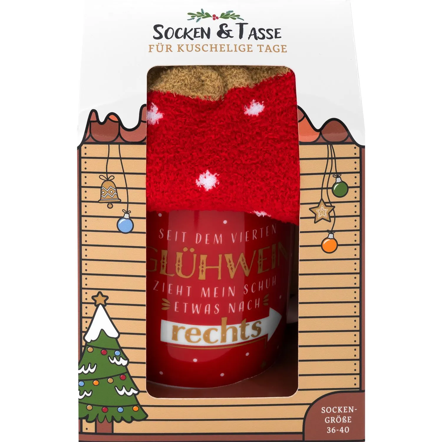 Weihnachtliches Tassen-Socken-Set mit roter Glühwein-Tasse im Geschenkverpackung