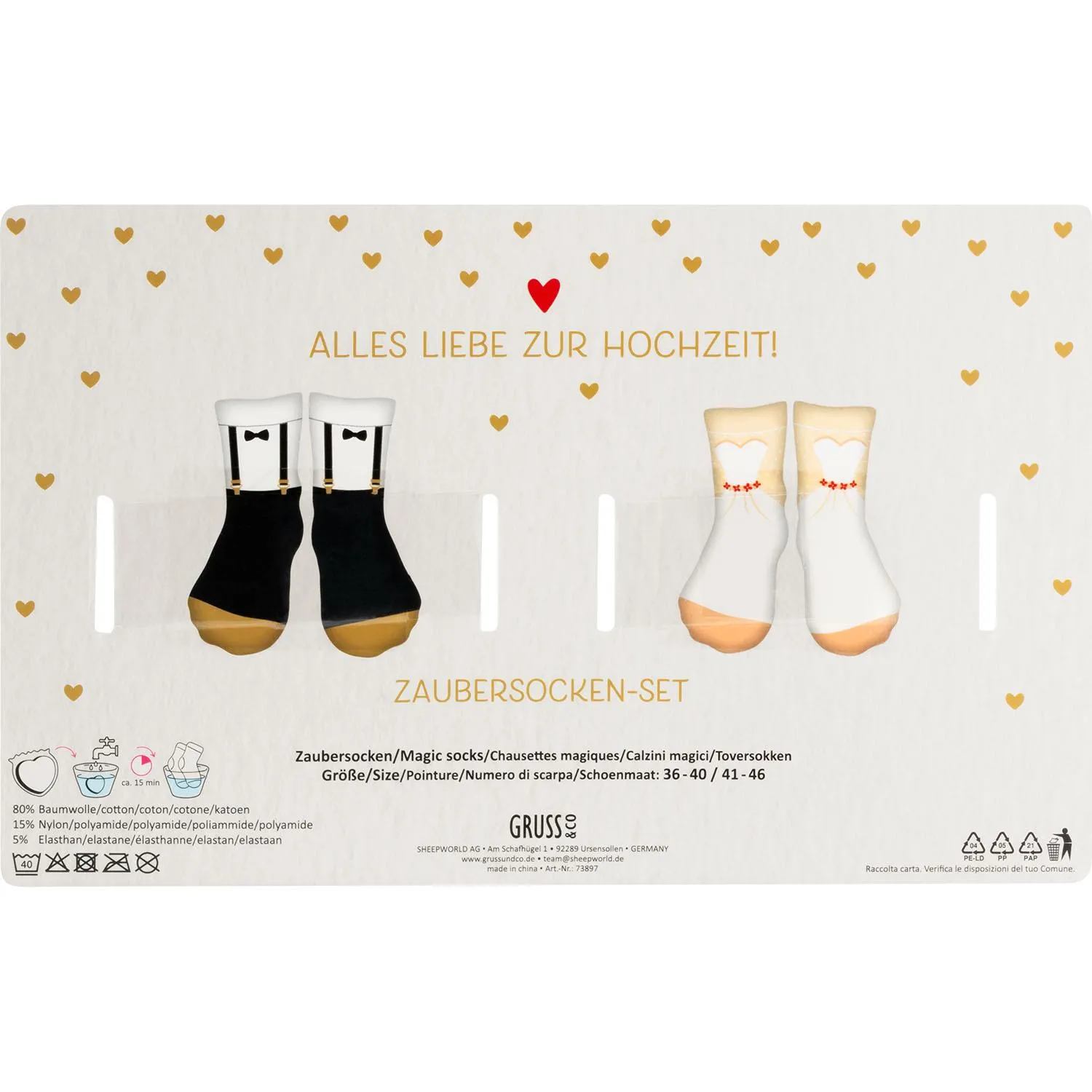 Zaubersocken-Set Hochzeit – zwei Paar Socken auf weißer Headercard mit goldenen Herzen