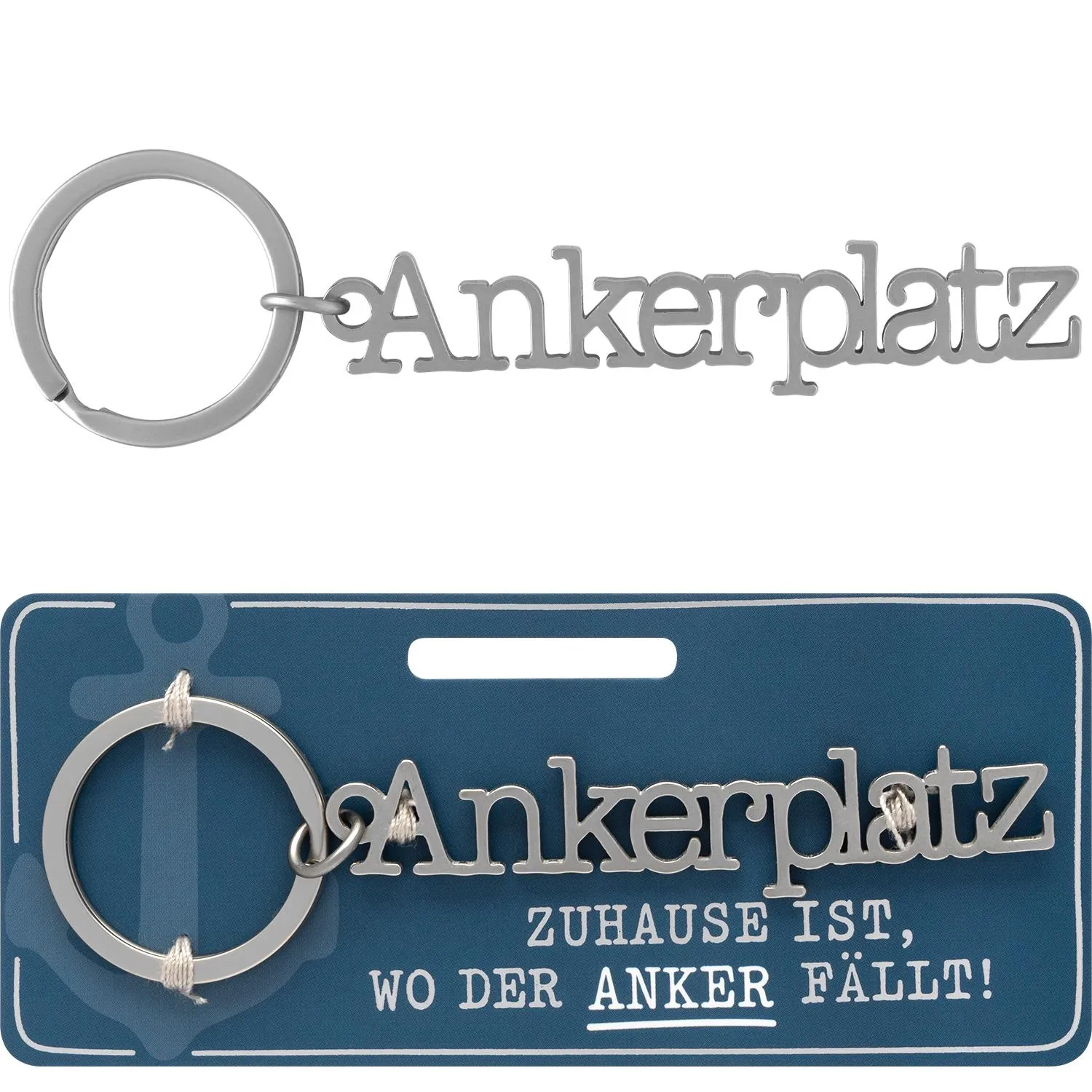 Silberner Schlüsselanhänger 'Ankerplatz' aus Edelstahl mit Schriftzug und Ring.