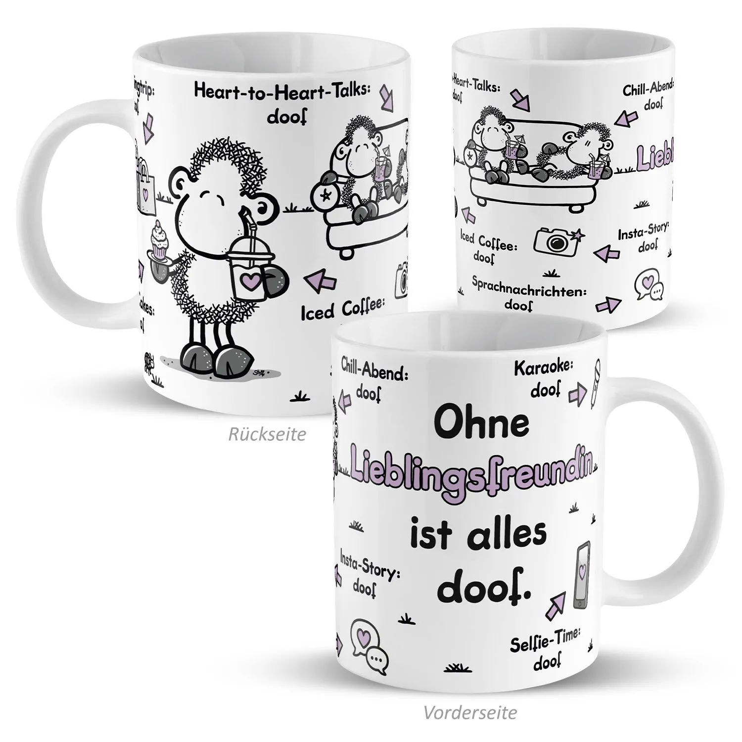 Weiße Porzellan-Tasse mit Sheepworld-Schaf und Spruch: Ohne Lieblingsfreundin ist alles doof.