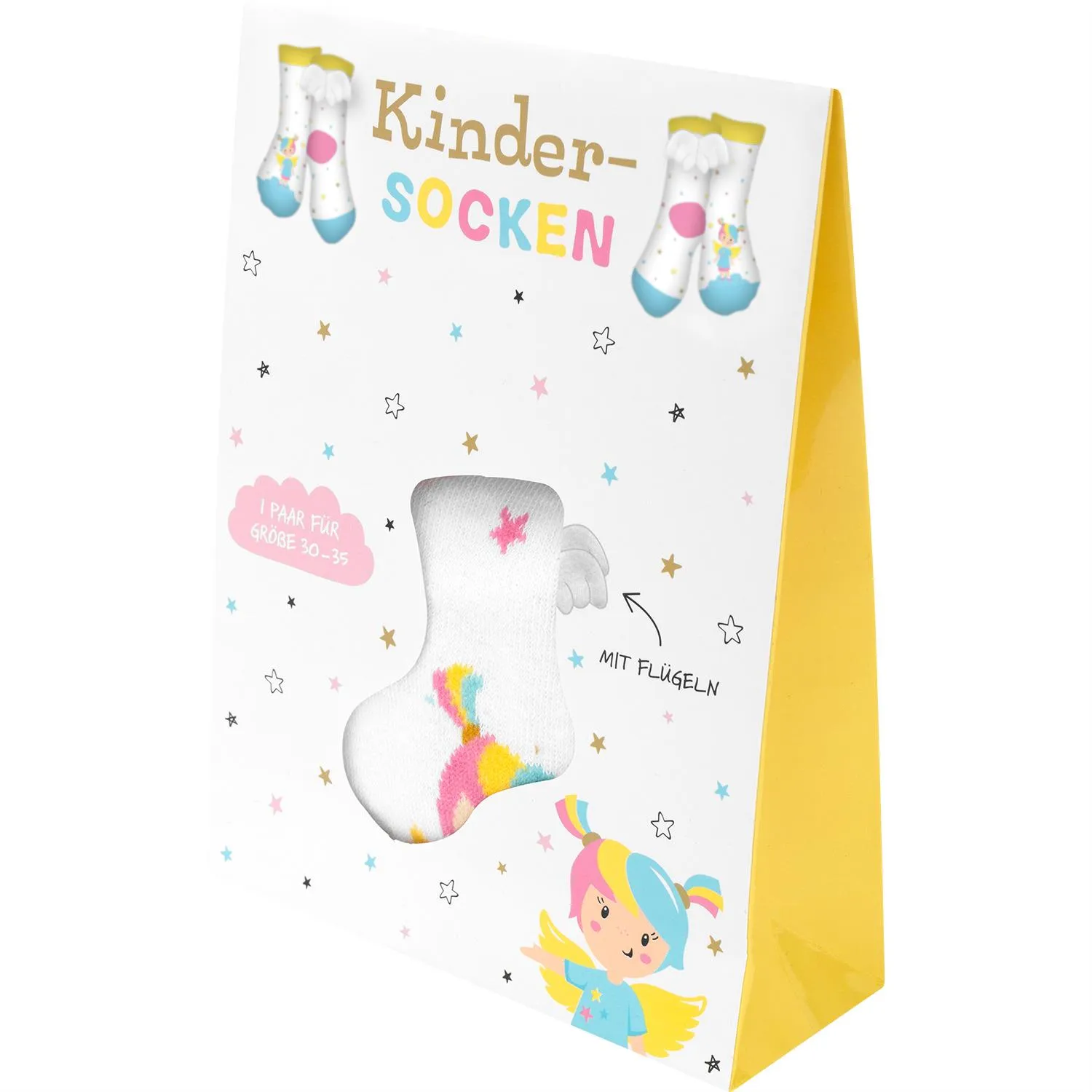 Weißes Kindersocken-Paar mit Engel-Flügel-Motiv und Regenbogenfarben in Geschenkverpackung.