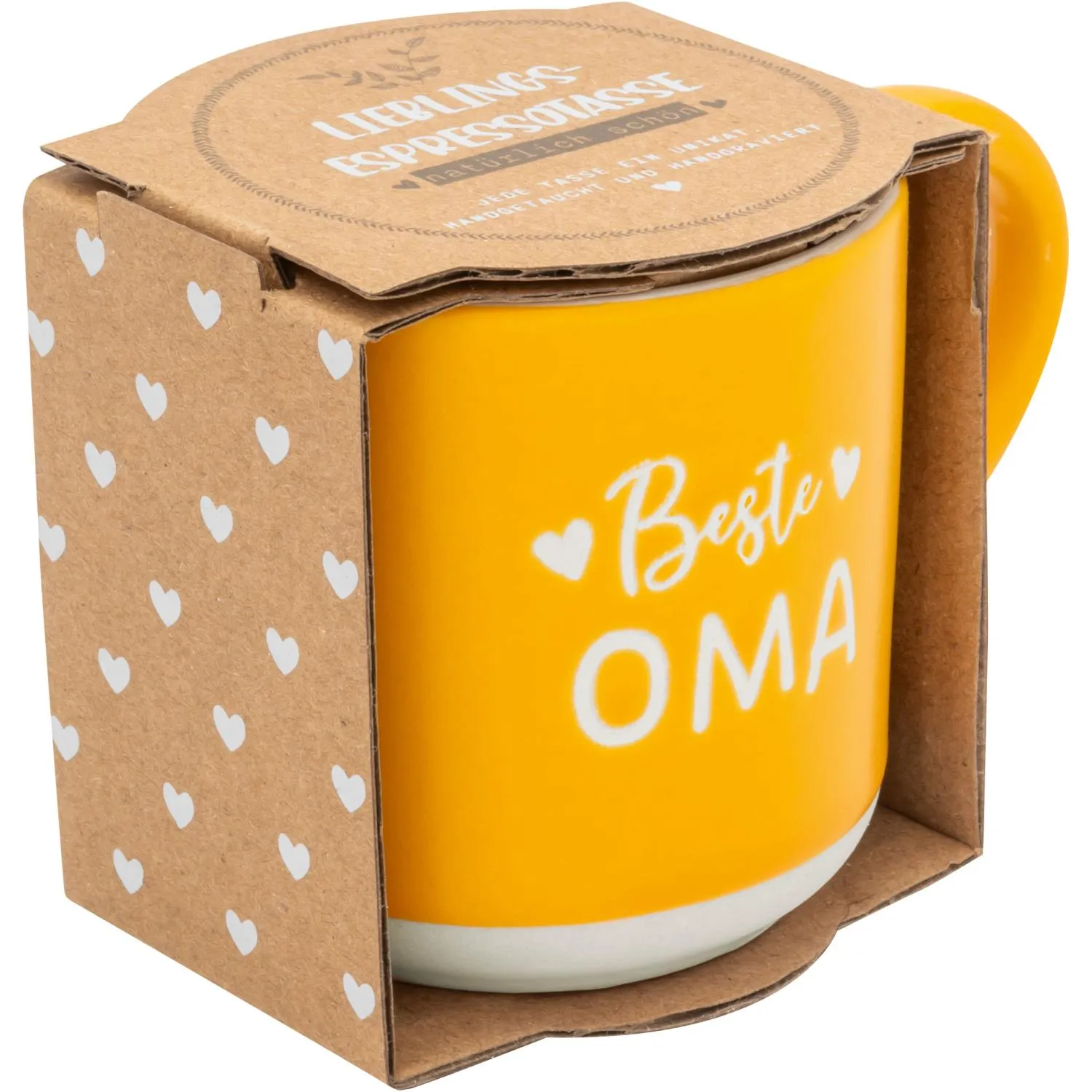 Gelbe Espressotasse mit weißem Schriftzug 'Beste Oma' in brauner Geschenkverpackung