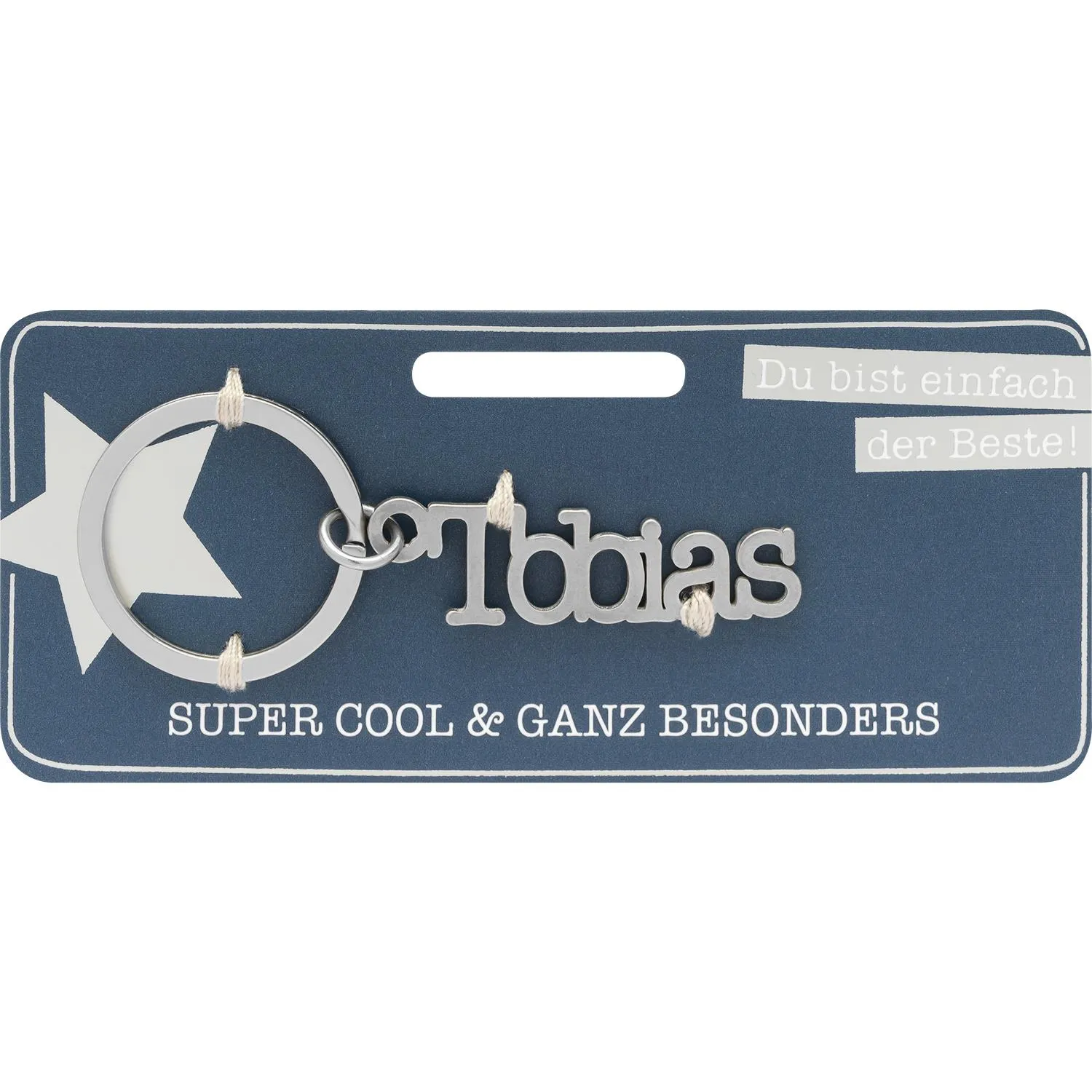 Namens-Schlüsselanhänger Tobias aus Metall mit Ring, präsentiert auf blauer Verpackung.