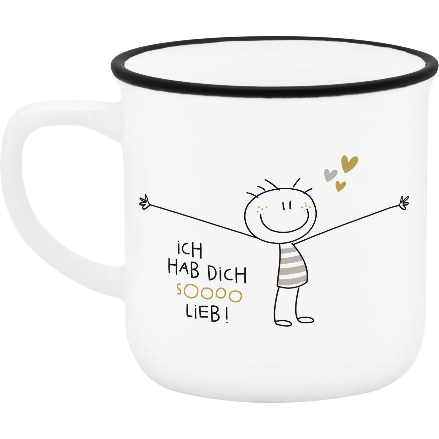 Weißer Espressobecher mit schwarzem Rand und Stickmännchen-Motiv Ich hab Dich sooo lieb!