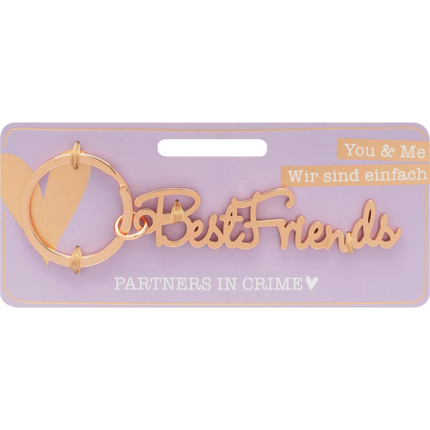 Roségoldener Schlüsselanhänger mit BestFriends-Schriftzug auf lavendelfarbener Verpackung