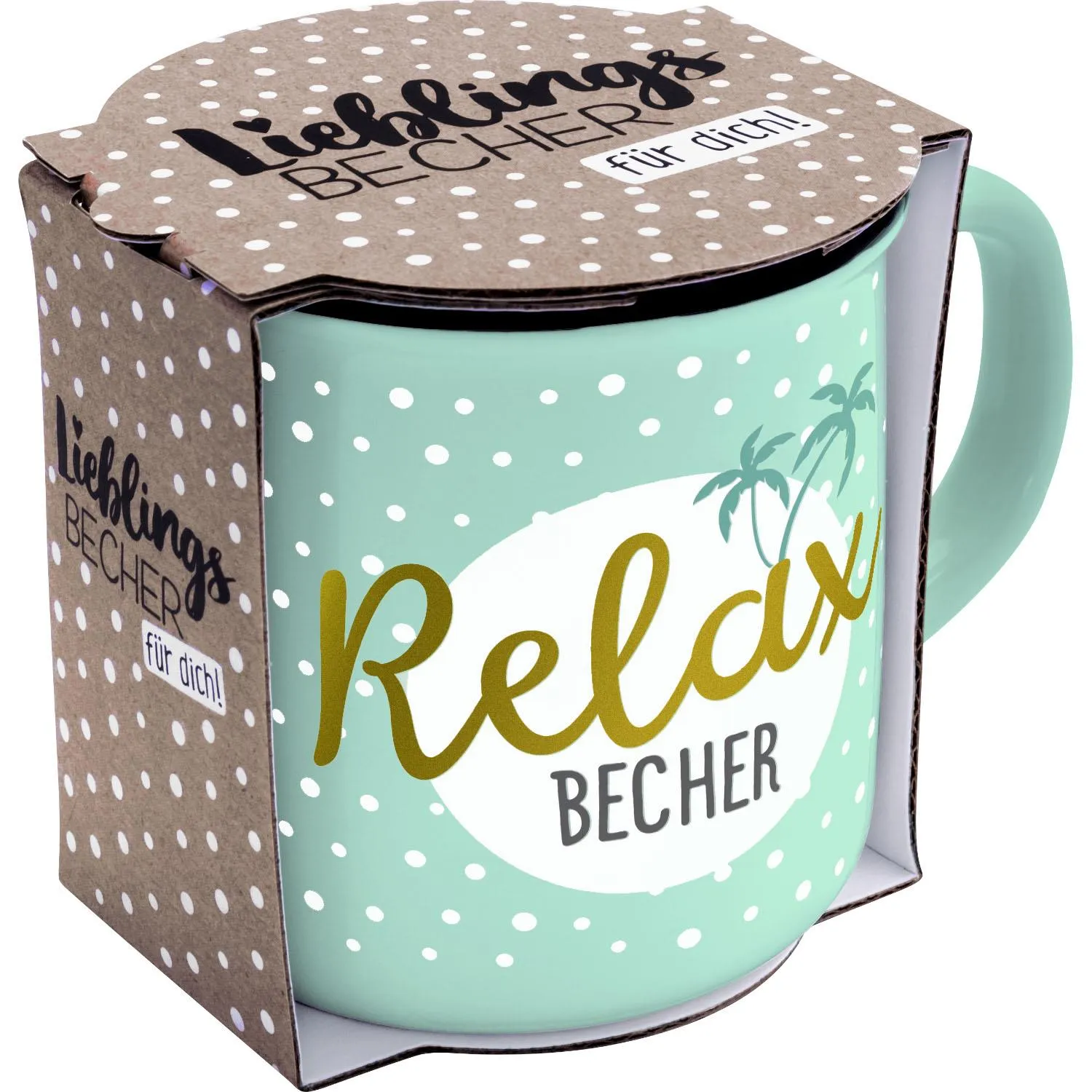 Mintgrüner Porzellan-Becher mit weißen Tupfen und Goldschrift Relax in Geschenkbox