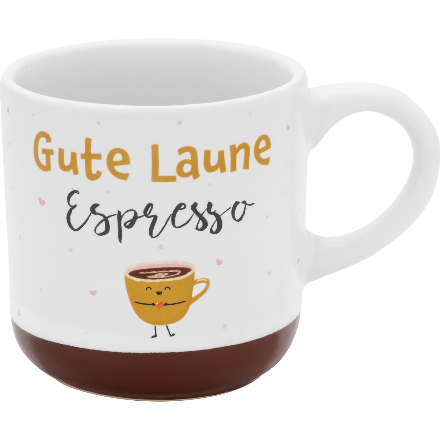Weiße Espressotasse mit braunem Boden und gelbem Motiv 'Gute Laune Espresso'