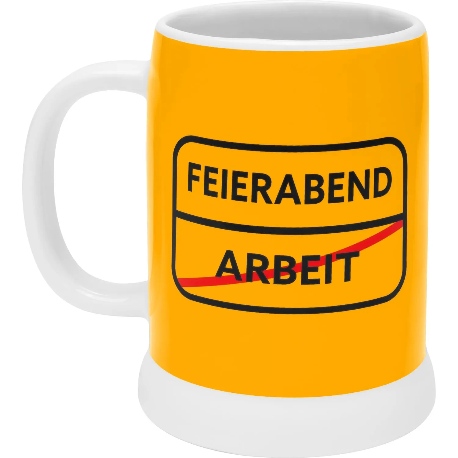 Gelber Glas-Bierkrug mit Druck 'FEIERABEND ARBEIT' – ideal als Geschenk