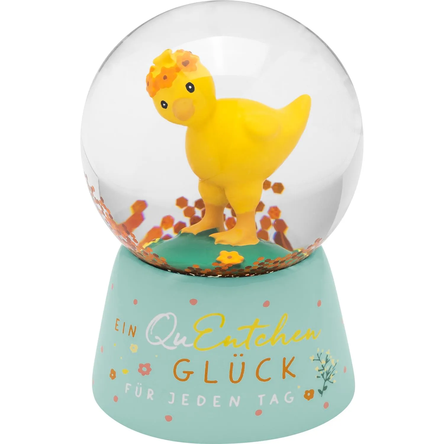 Glaskugel mit gelber Entenfigur auf pastellgrünem Sockel