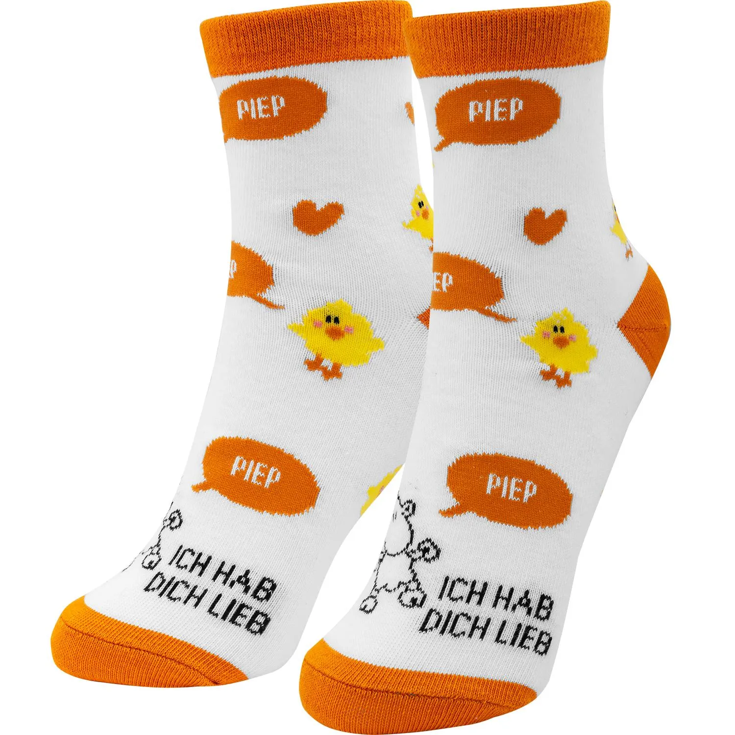 Weiße Zaubersocken mit orangefarbenen Akzenten und Küken-Motiv.