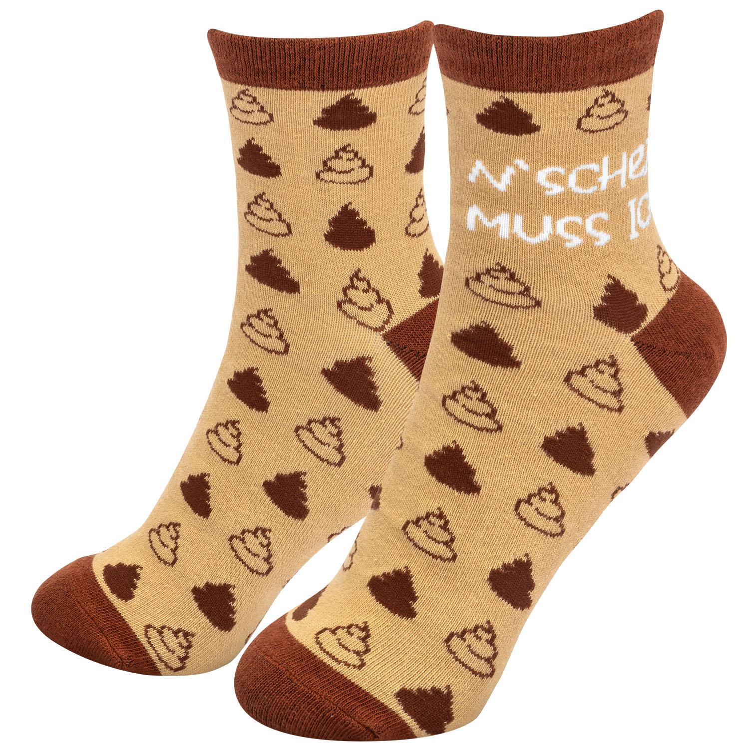 Beige Socken mit braunen Poo-Motiven und weißem Schriftzug N'Scheiss muss ich