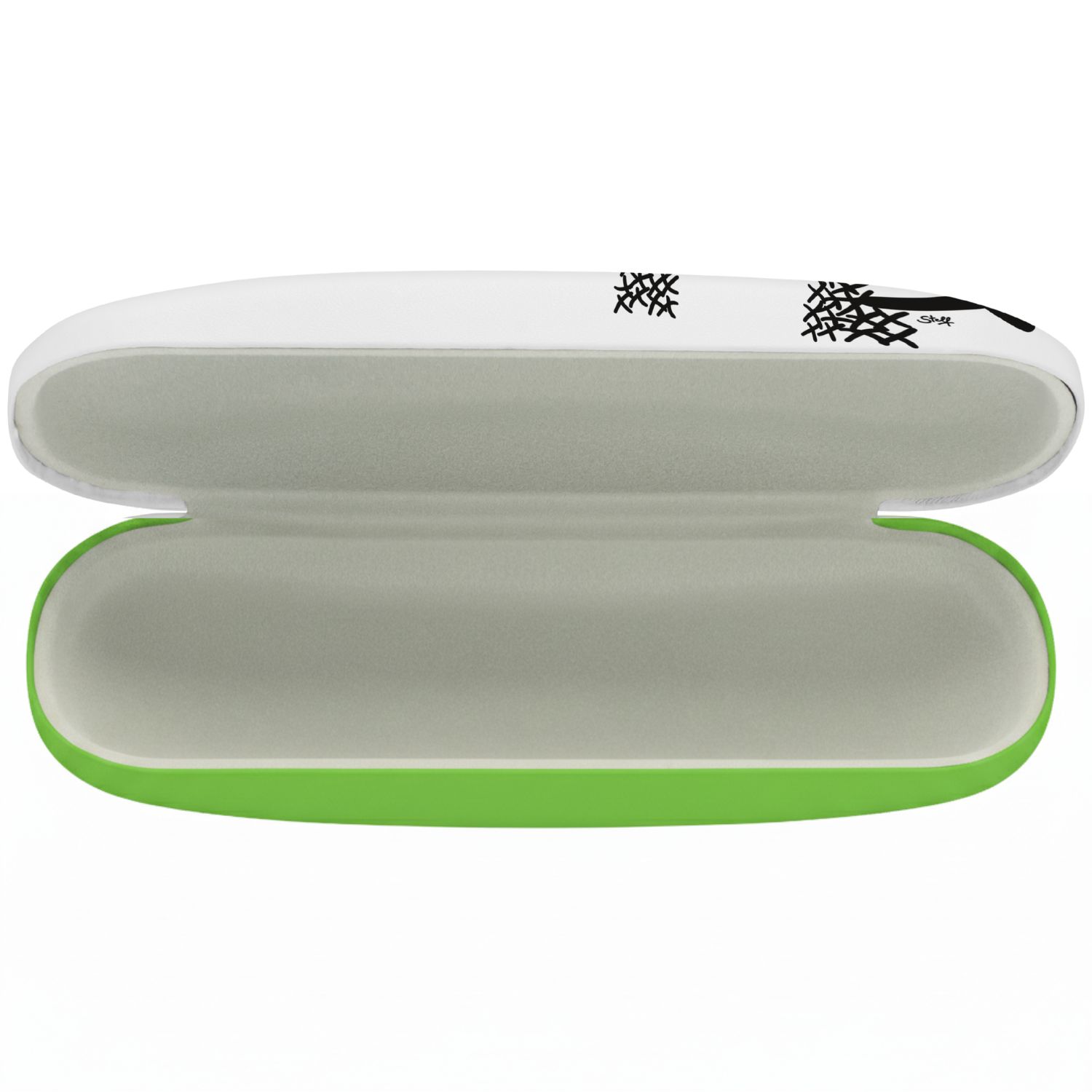 Weißes Brillenetui mit grünem Unterteil, geöffnet, graues Innenfutter