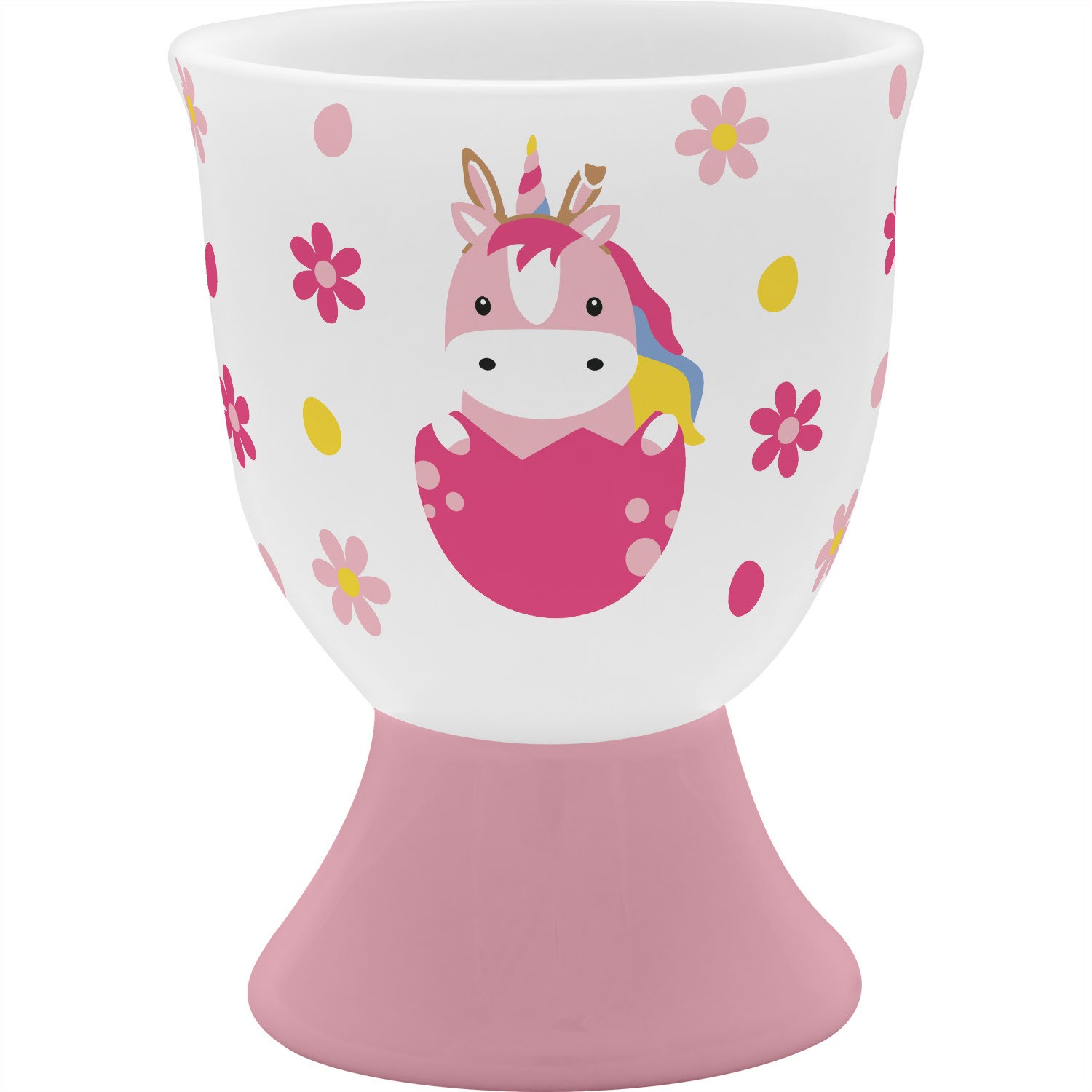 Einhorn-Eierbecher aus Porzellan mit pinkem Fuß und Blümchen-Motiv.