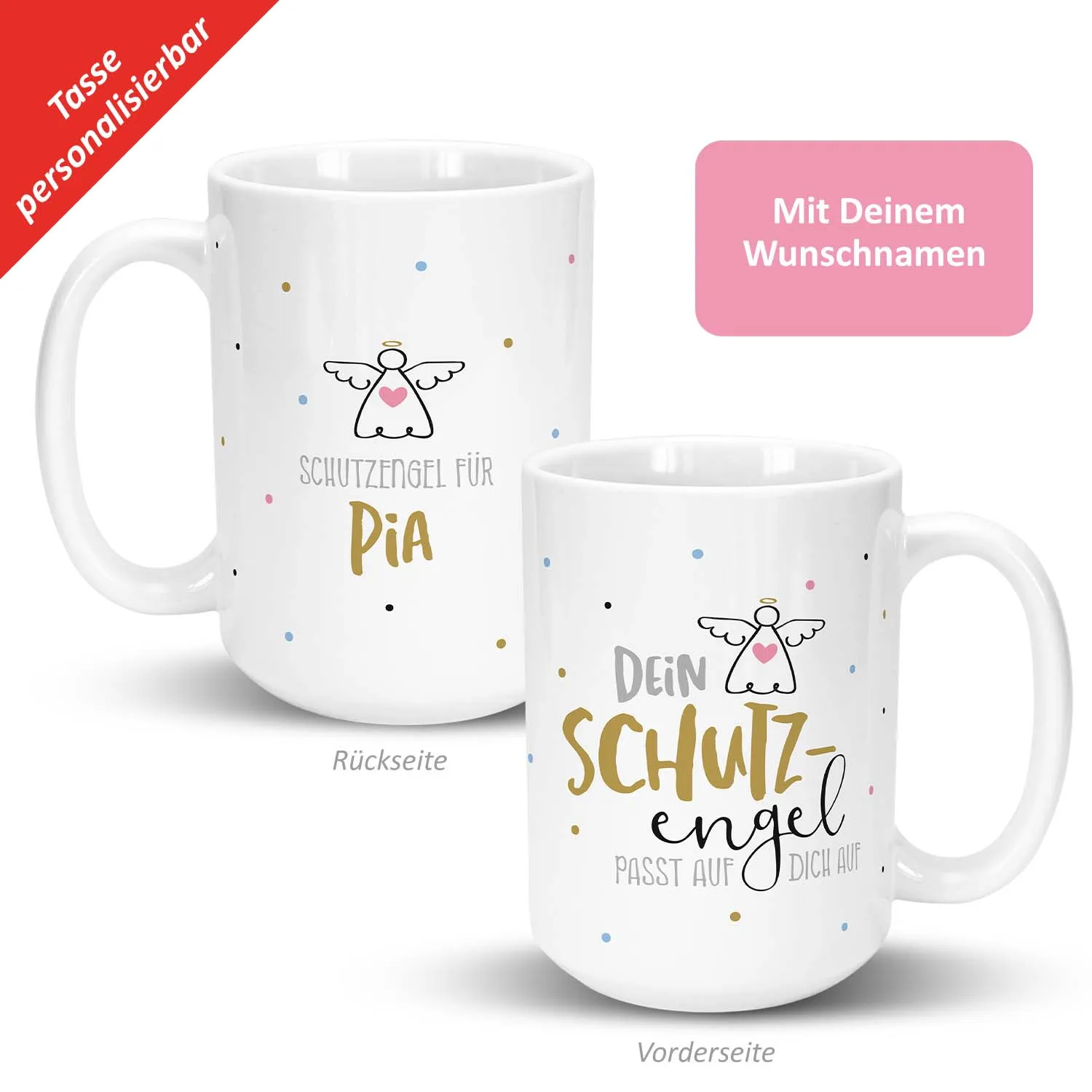 Weiße Keramik-Tasse mit Schutzengel-Motiv und Namensdruck