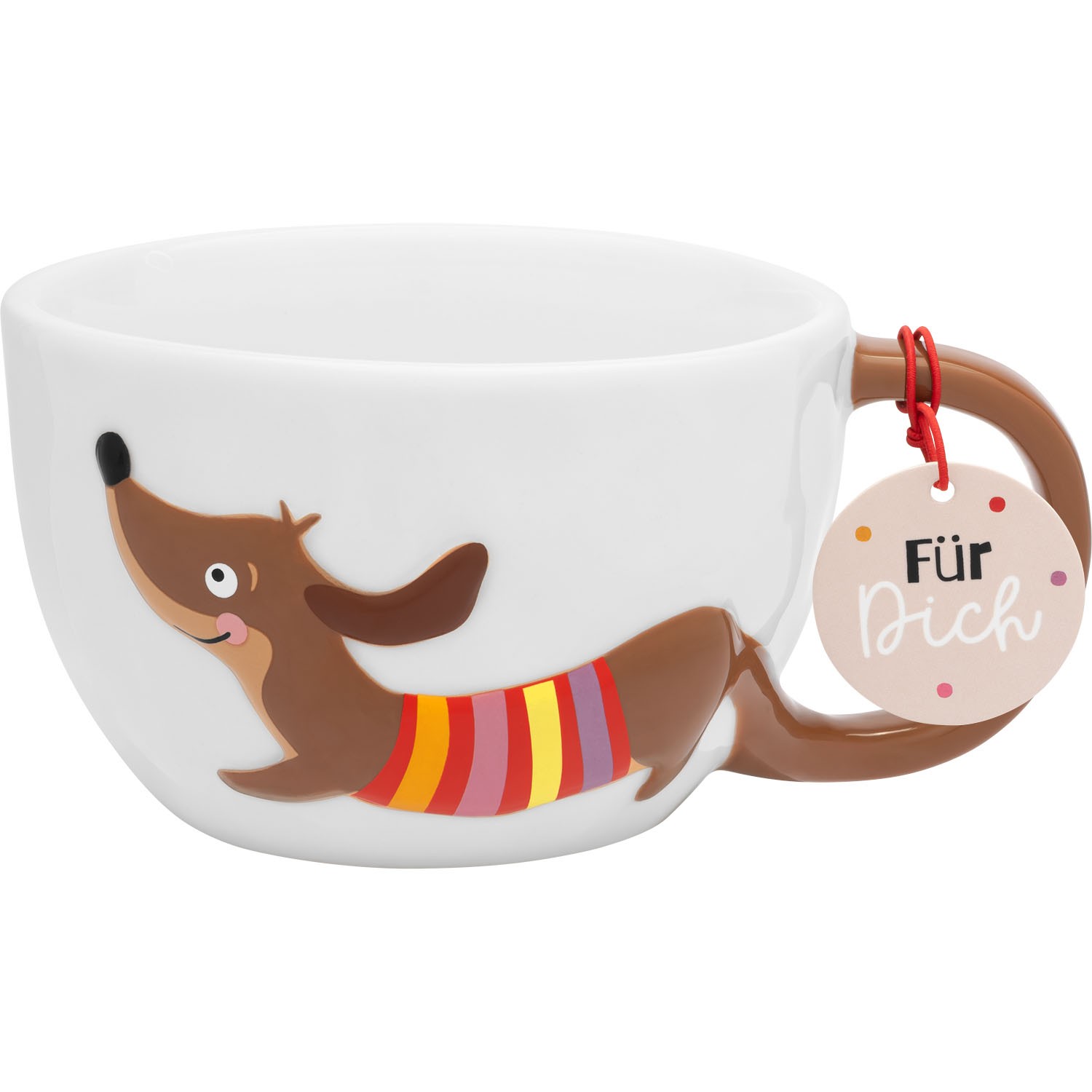 Weiße Porzellantasse mit Dackel-Motiv und Anhänger 'Für Dich' am Henkel.