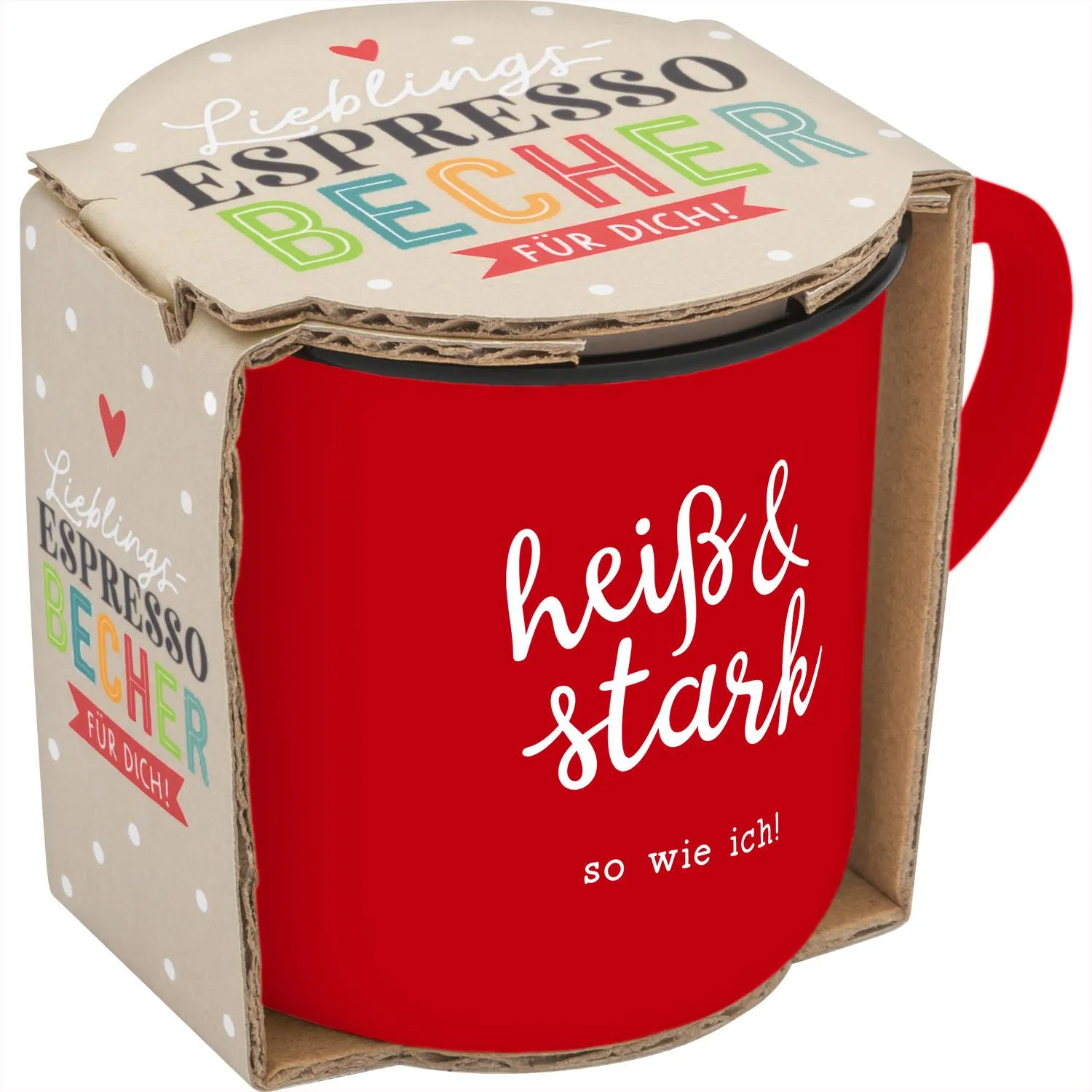 Roter Espressobecher aus Porzellan mit weißem Schriftzug Heiß & Stark