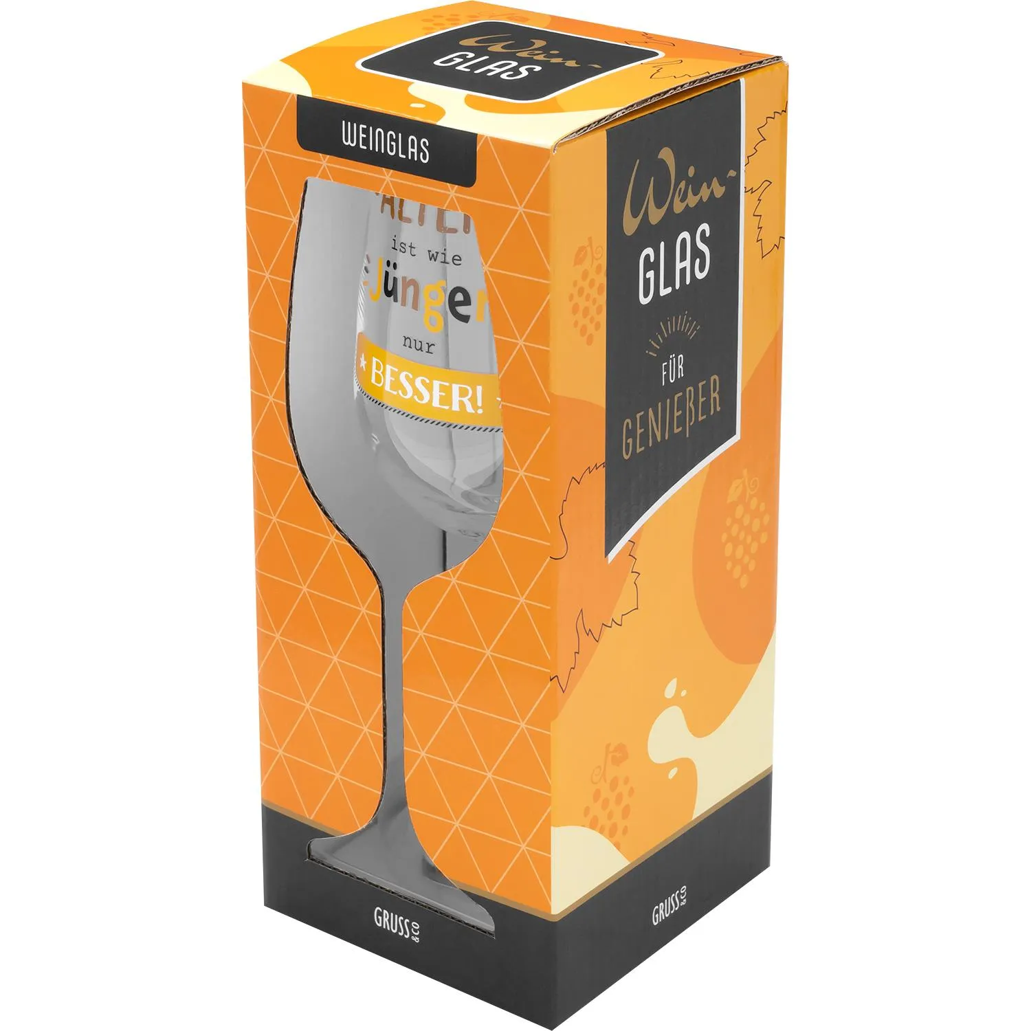 Weinglas mit Spruchdruck in Geschenkbox, ideal als Geburtstaggeschenk.