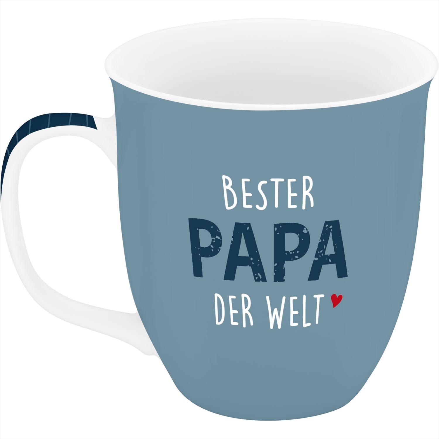 Blaue Porzellan-Tasse mit weißem Innenraum und Schriftzug BESTER PAPA DER WELT sowie rotem Herz.