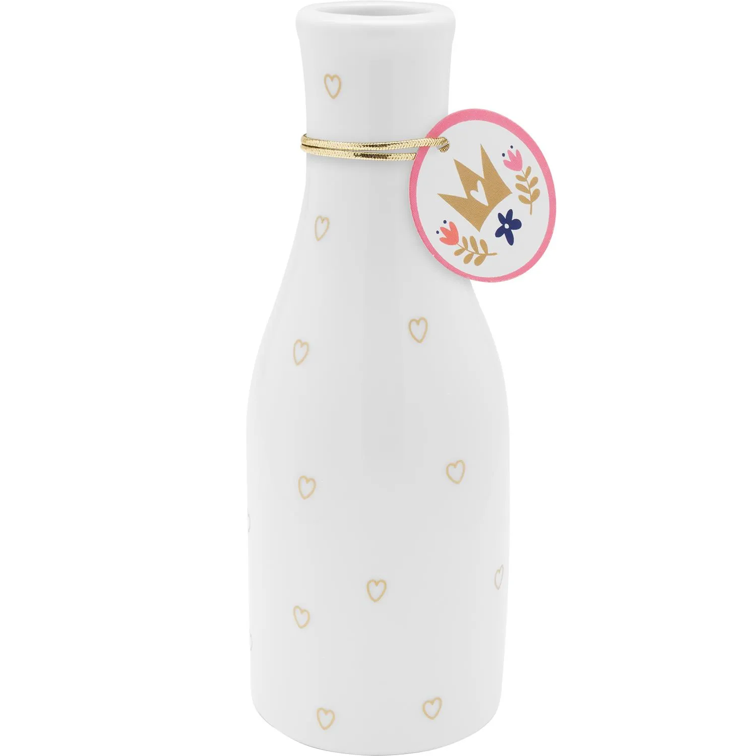 Weiße Porzellanvasen mit Goldherzen und Geschenkanhänger