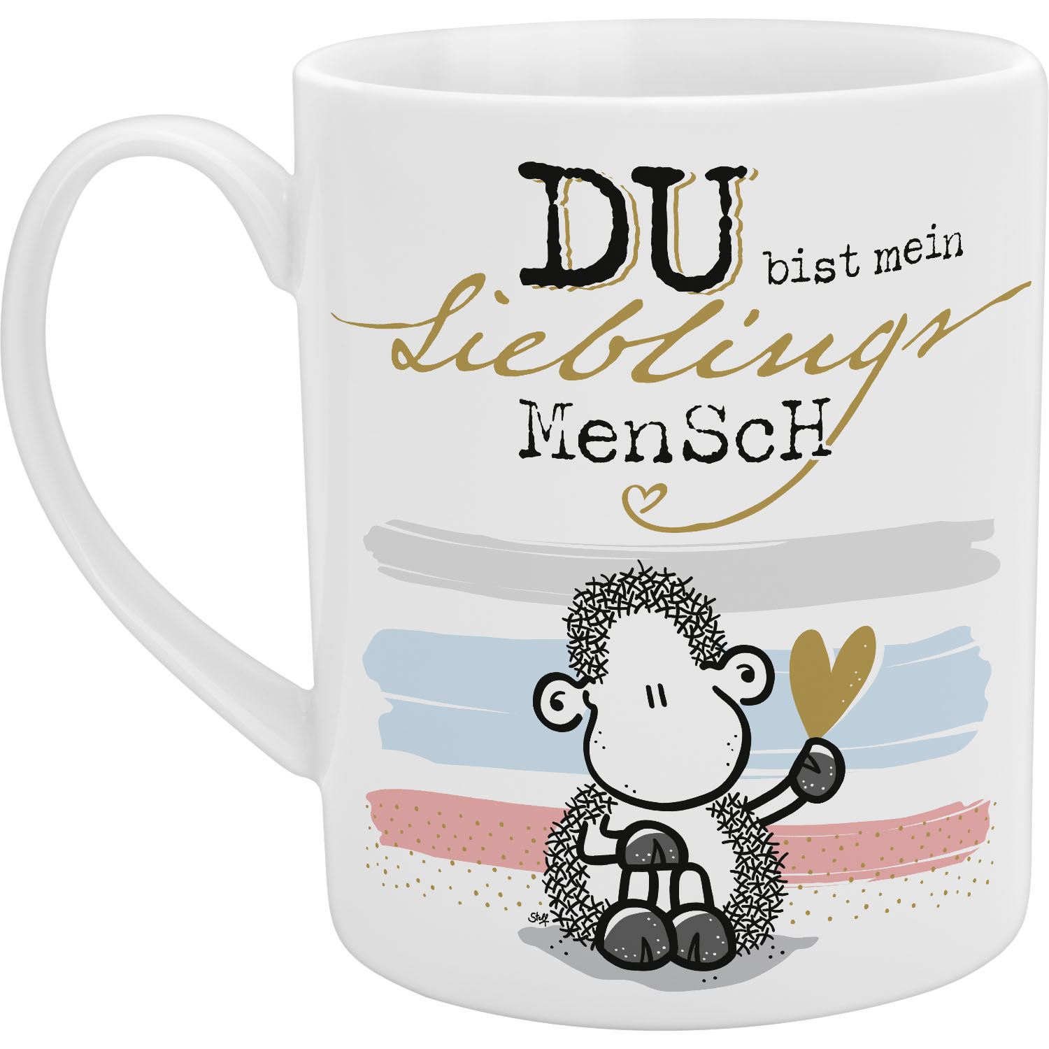 Weiße Porzellan-Tasse mit Schäfchen-Motiv, Pastellstreifen und Goldakzent.