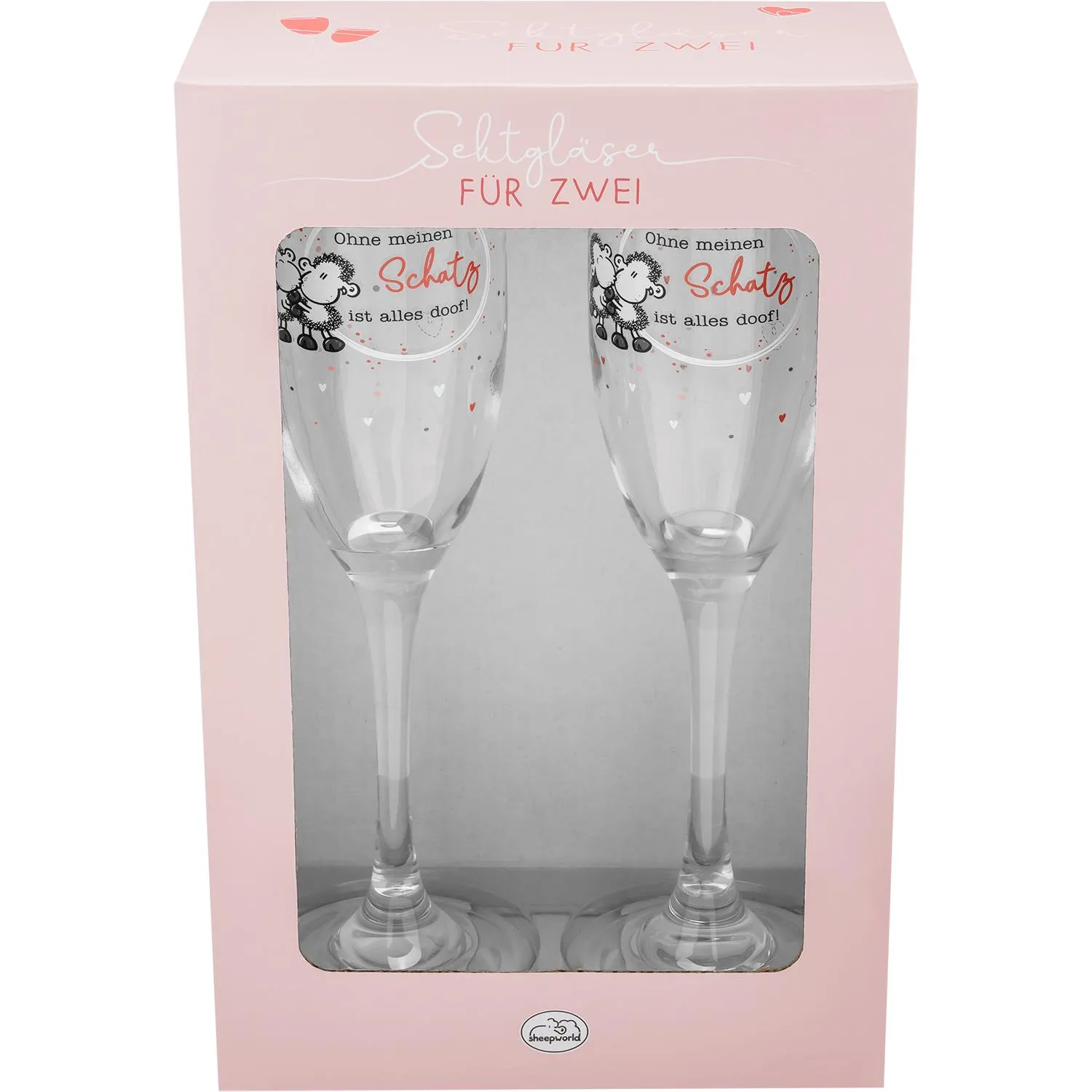 Zwei Sektgläser in Geschenkbox mit Spruch 'Ohne meinen Schatz ist alles doof!'