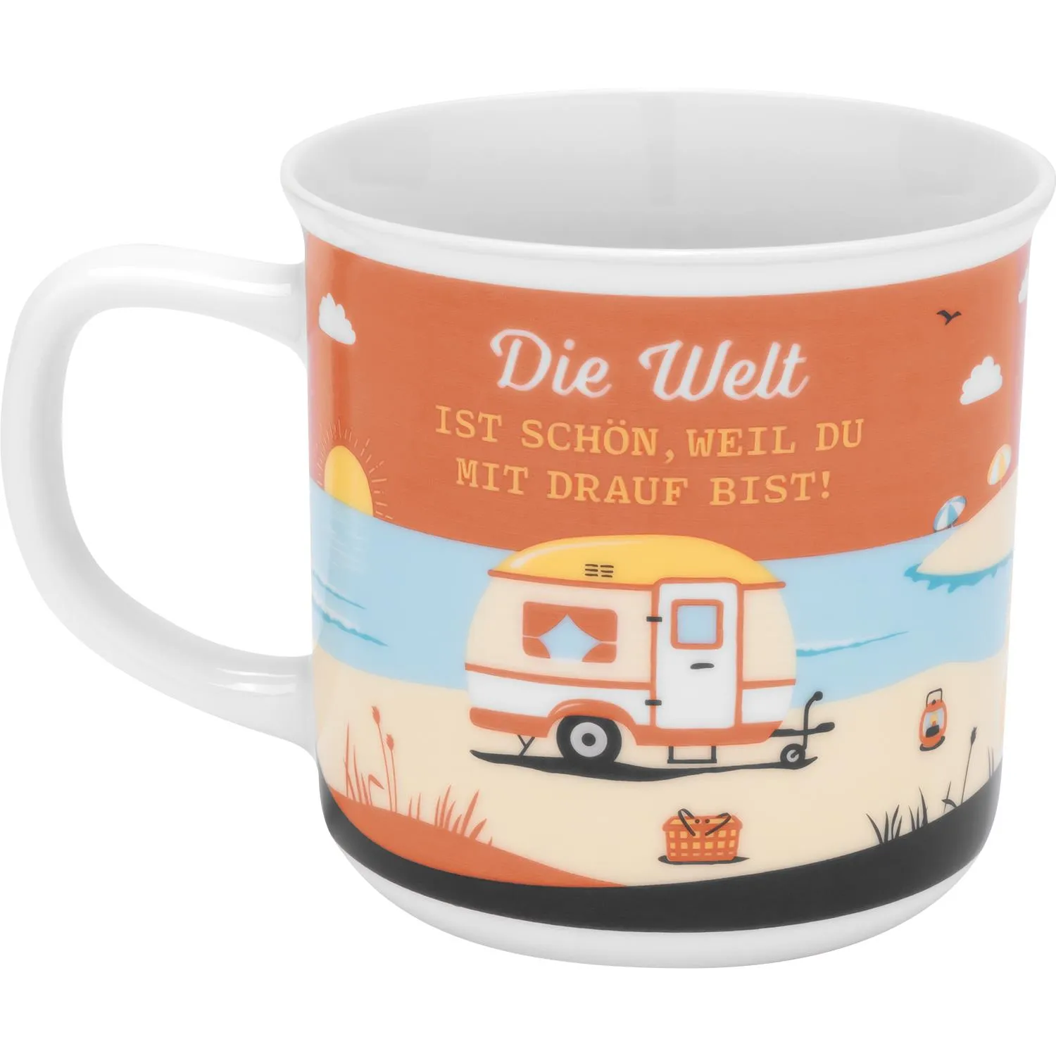 Becher mit Strand-Camping-Motiv: Wohnwagen am Meer in Orange-Beige-Tönen