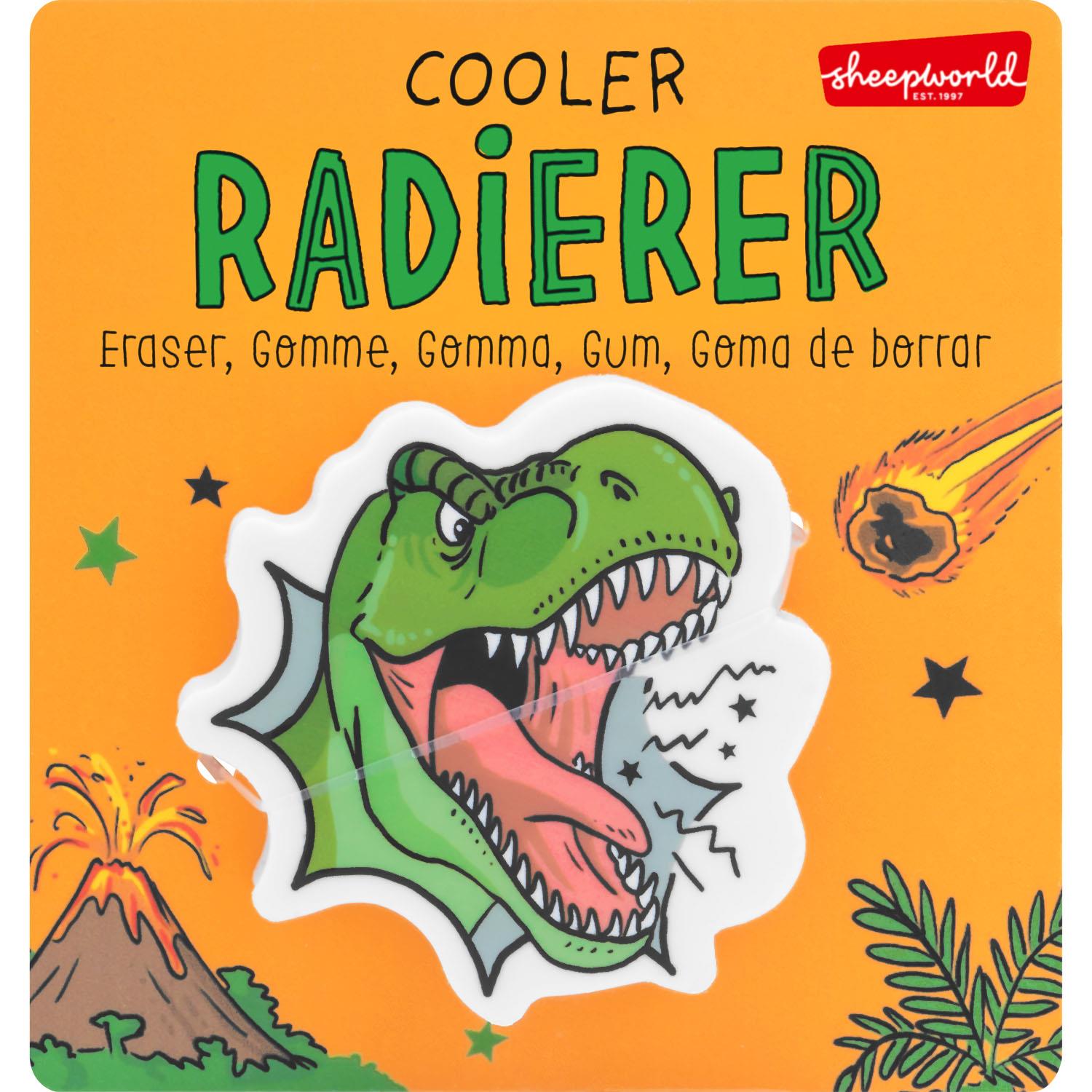 Dino-Radiergummi auf oranger Verpackung mit Cartoon-Dinosaurier-Motiv.