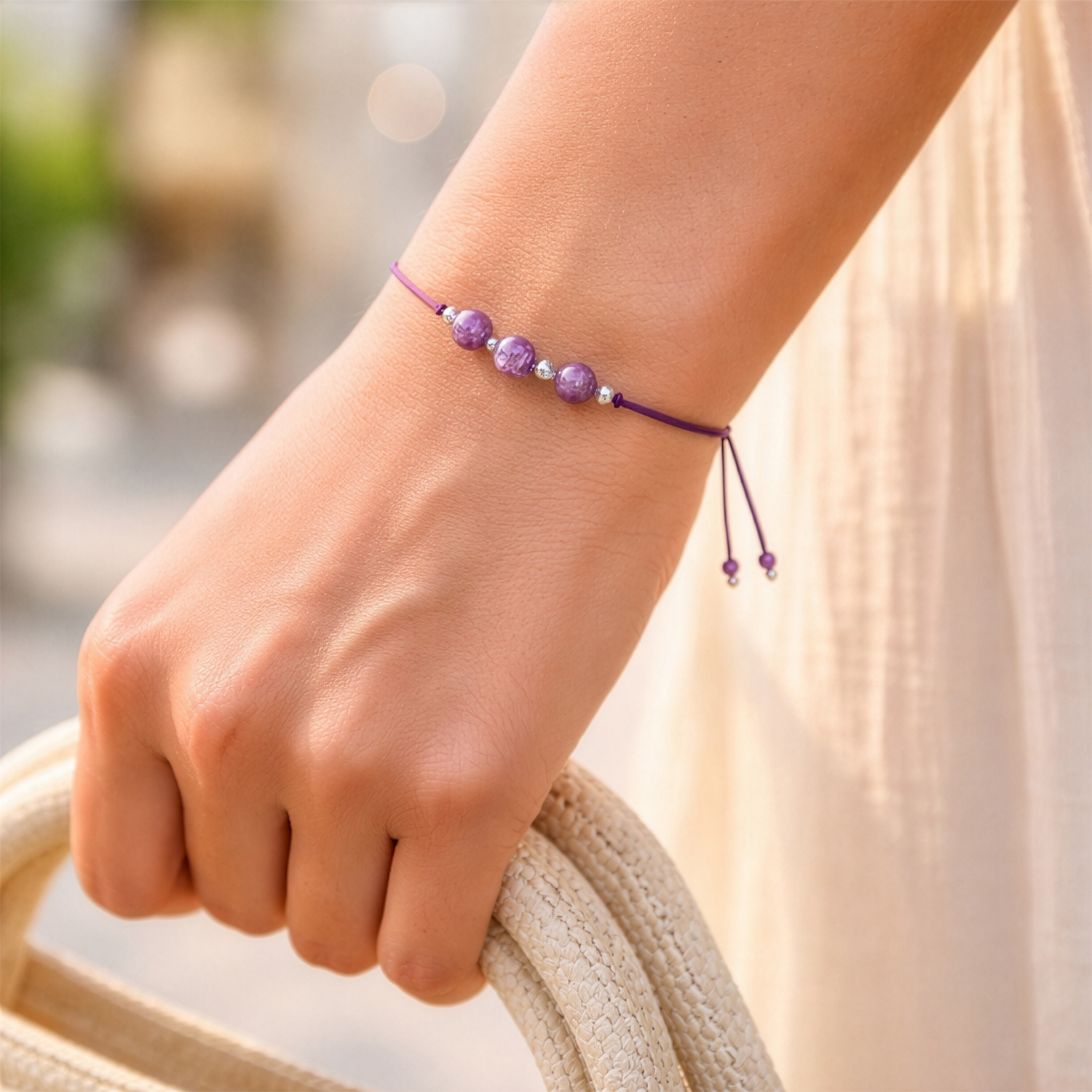 Armband mit drei Amethyst-Halbedelsteinen auf violettem Faden, verstellbar 4–8 cm, auf matter Hedercard.