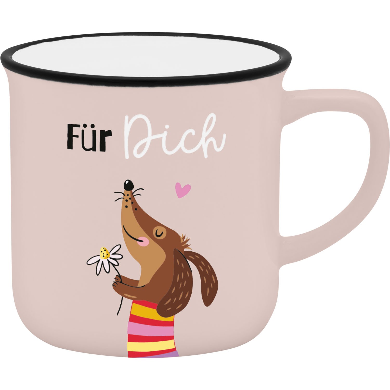 Dackel-Espressobecher aus rosafarbenem Porzellan mit Blume und 'Für Dich' Schriftzug