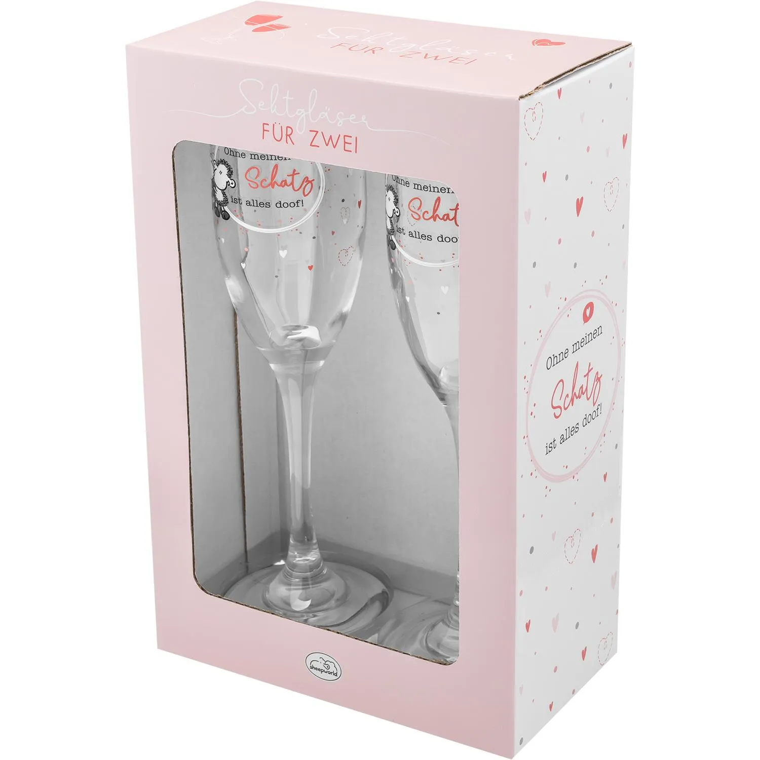 Zwei Sektgläser in rosa Geschenkbox mit Herz-Motiven
