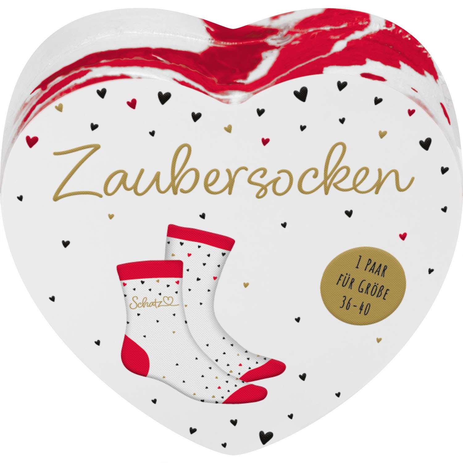 Herzförmige Verpackung mit Zaubersocken Schatz – weiße Socken mit rotem Rand und Herzchen.