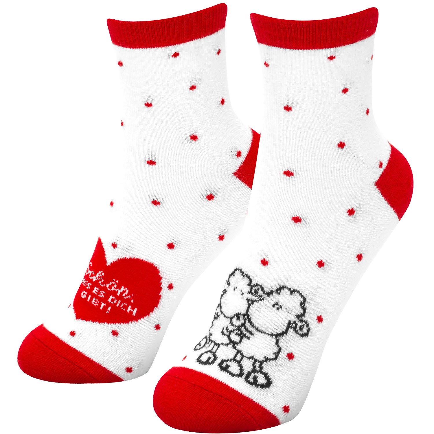 Weiße Zaubersocken mit rotem Herz- und Schaf-Motiv, entfalten sich im Wasser.