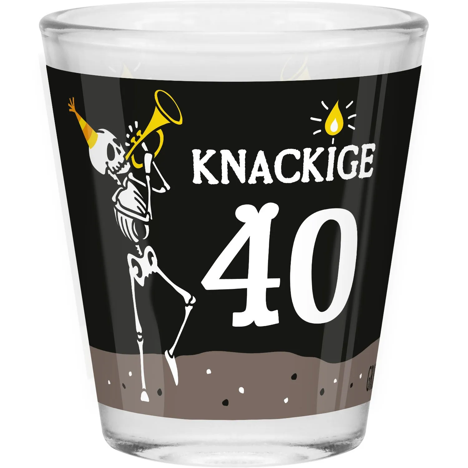 Knackiges 40-Schnapsglas mit Skeleton-Druck auf schwarzem Hintergrund.