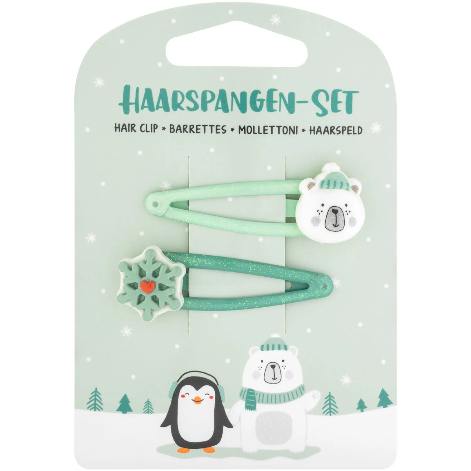 Haarspangen-Set mit Eisbärkopf- und Schneeflocken-Motiv in Mint- und Türkistönen