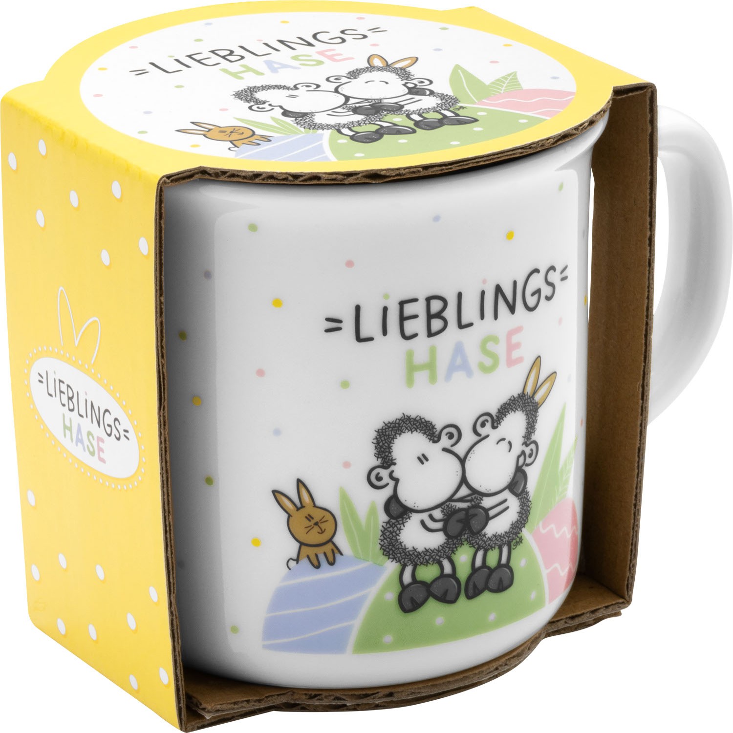 Weiße Porzellan-Tasse mit dem Motiv 'Lieblingshase' – zwei Schafe umarmen, pastellfarbene Akzente.