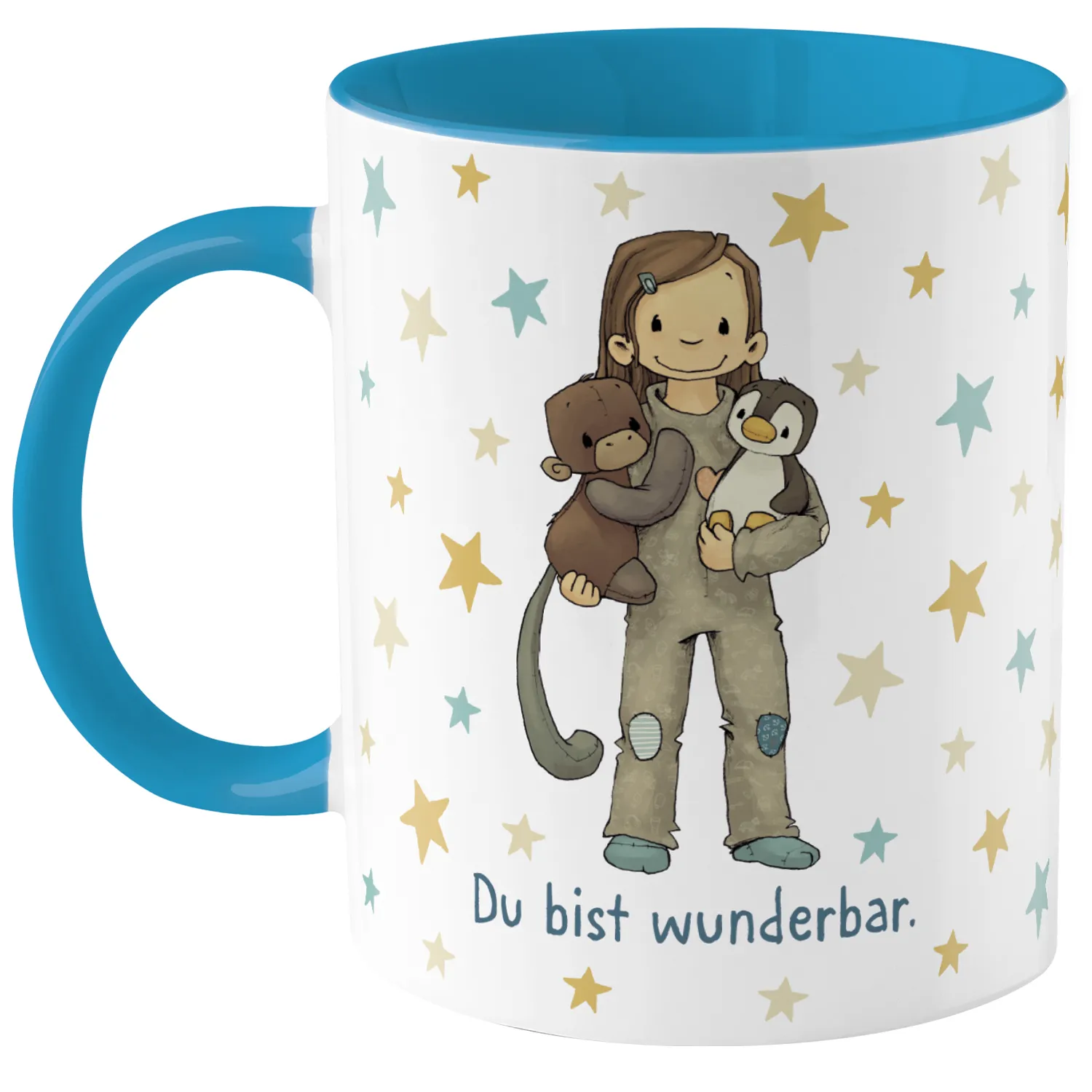 Porzellan-Tasse mit blauem Innenraum und Motiv eines Mädchens mit Kuscheltieren vor Sternen