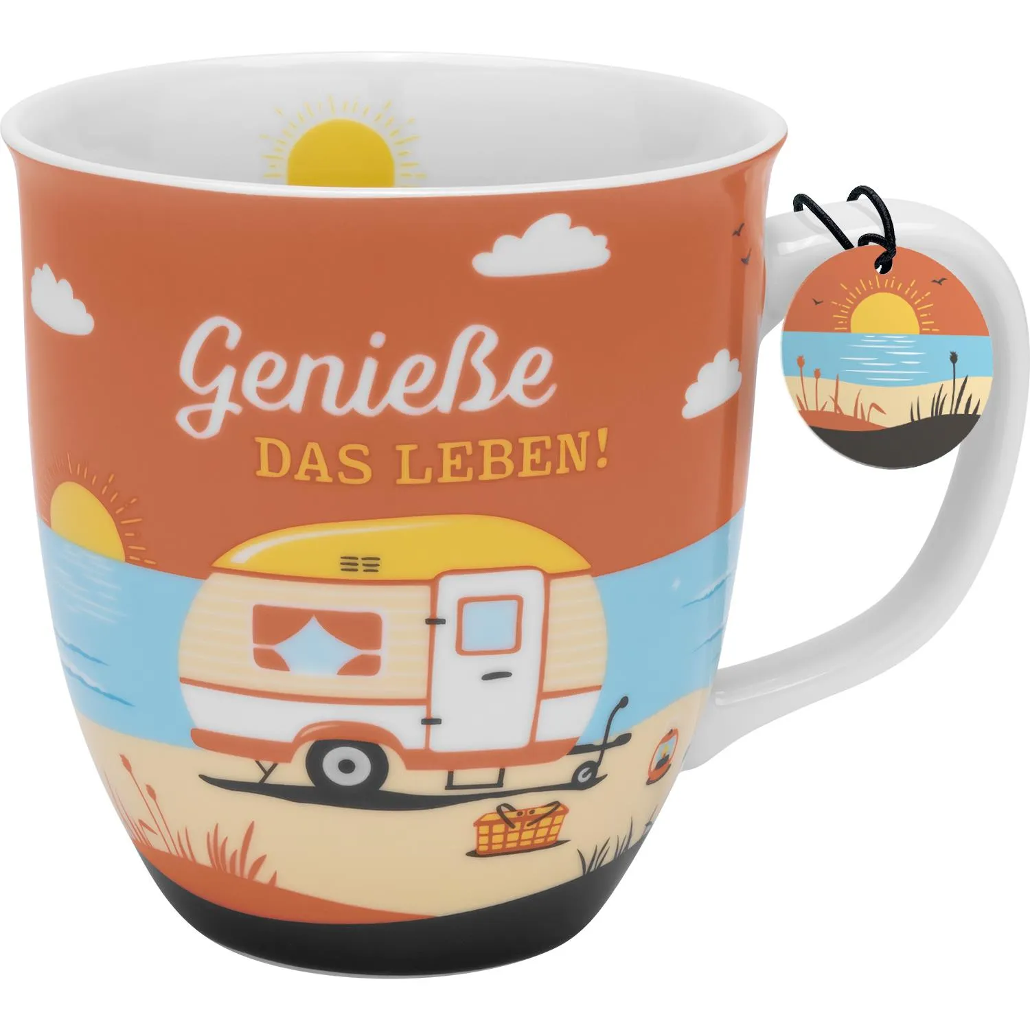 Tasse mit Caravan am Strand, Sonnenuntergang und Spruch Genieße das Leben!