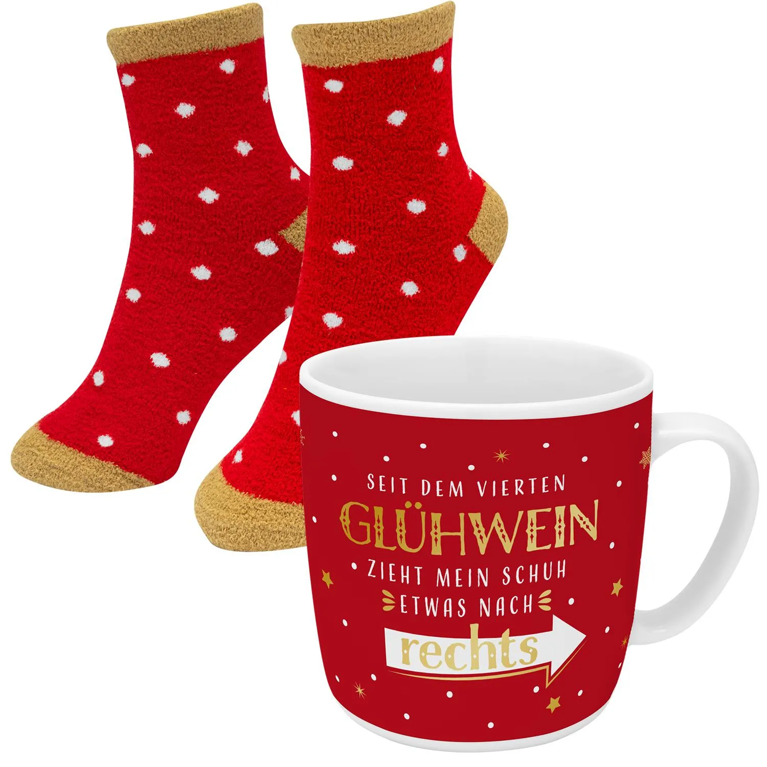 Rotes Geschenkset Glühwein-Tasse und passende Socken mit weißen Tupfen
