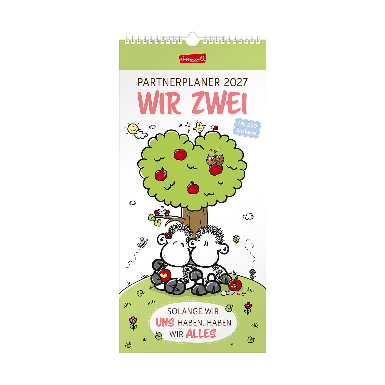 Partnerplaner 2027 Wir Zwei: Schäfchen-Paar unter Apfelbaum, pastelgrünes Layout
