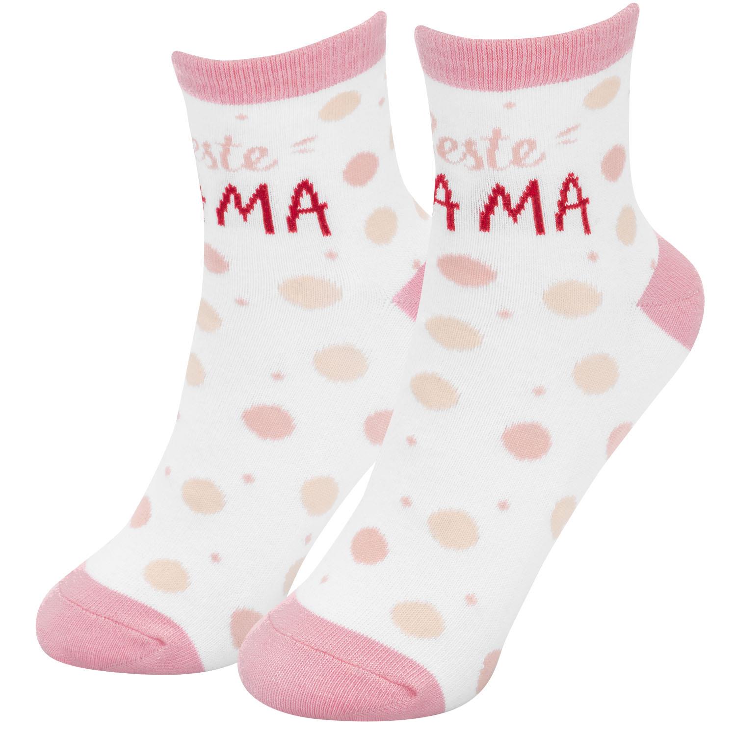 Weiße Zaubersocken mit rosa Punkten, rosa Bündchen und rotem Schriftzug Beste Mama.