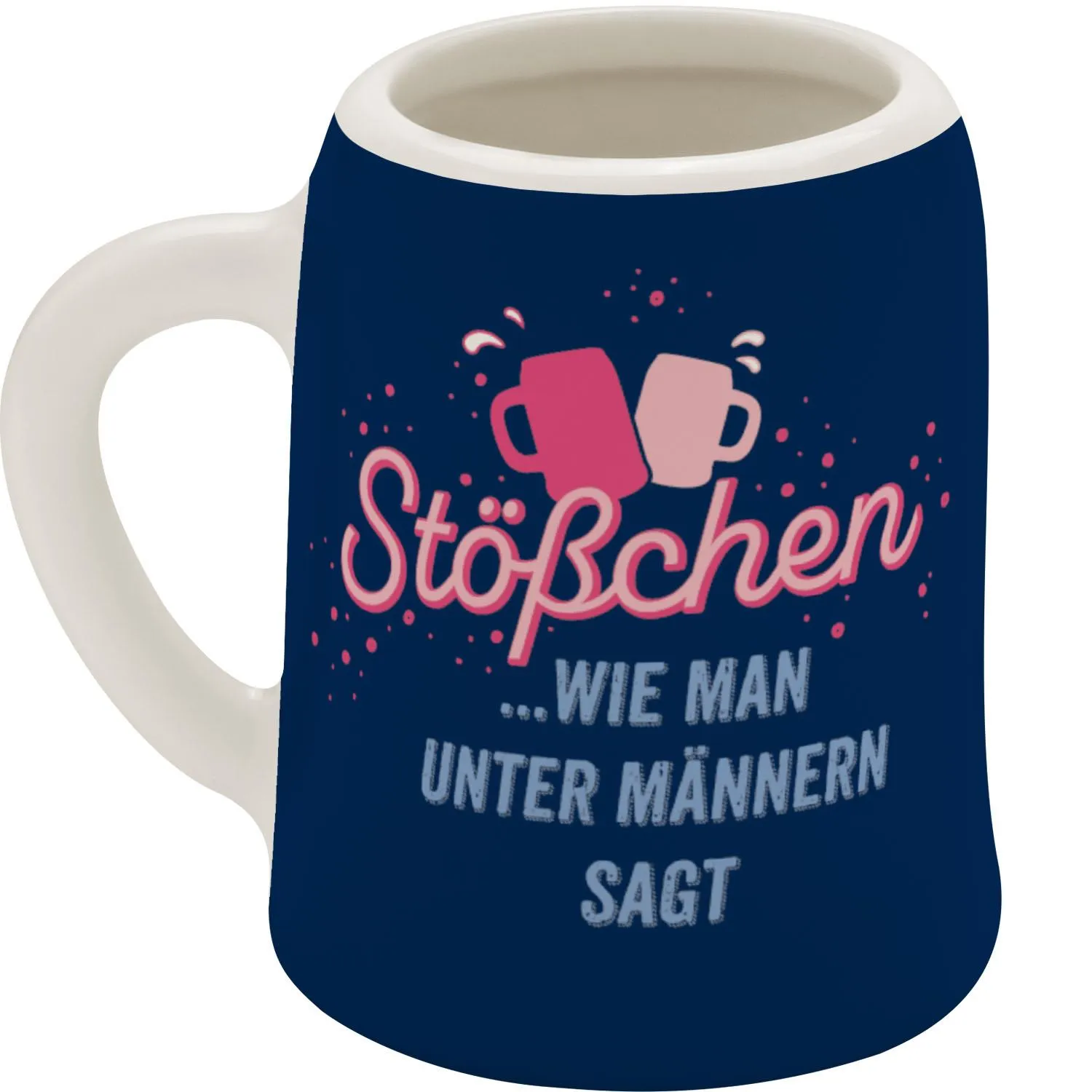 Porzellan-Schnapskrug mit dunkelblauem Hintergrund, pinkem Stößchen-Motiv und zwei klirrenden Bechern